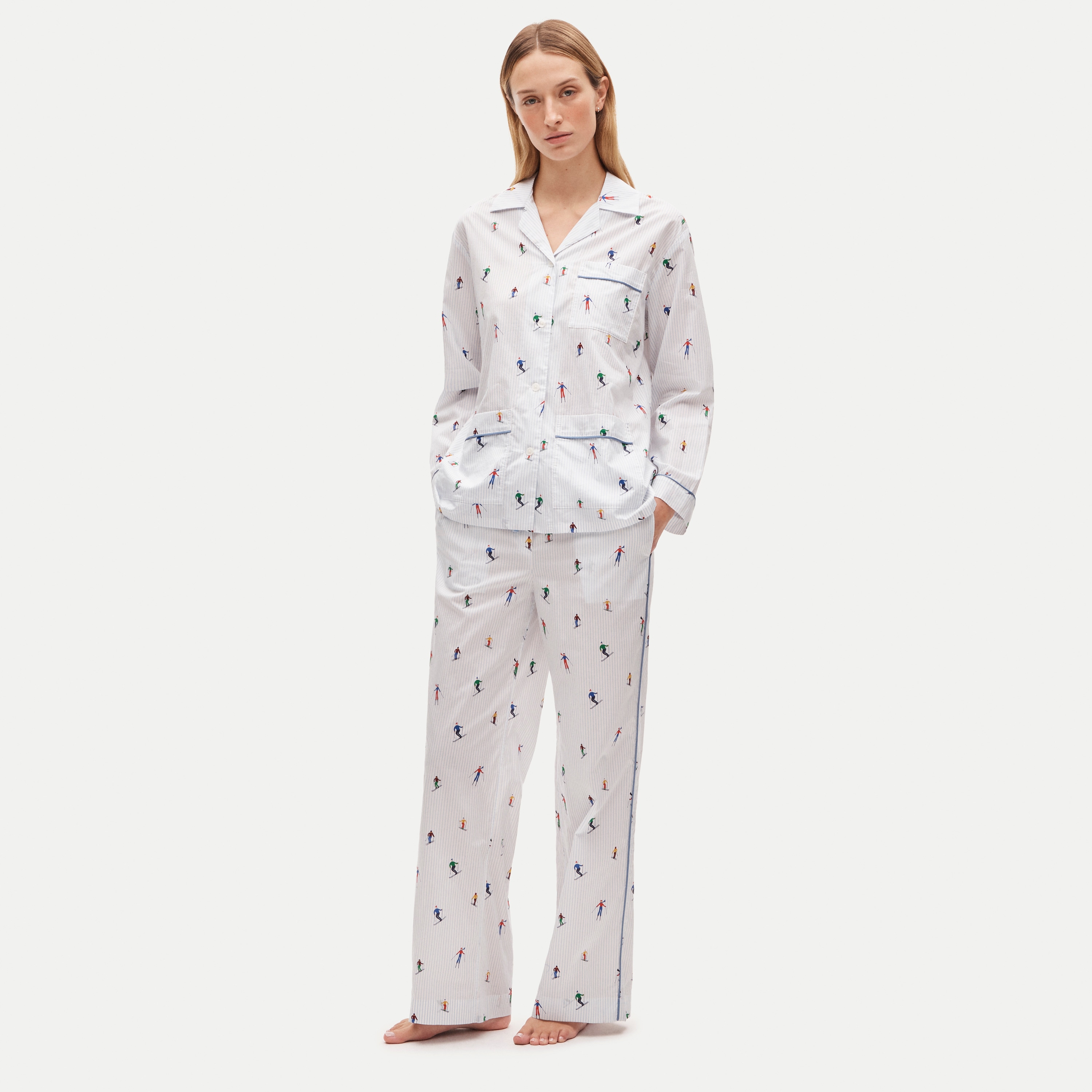 Long-sleeve pajama pant set in cotton poplin ski print