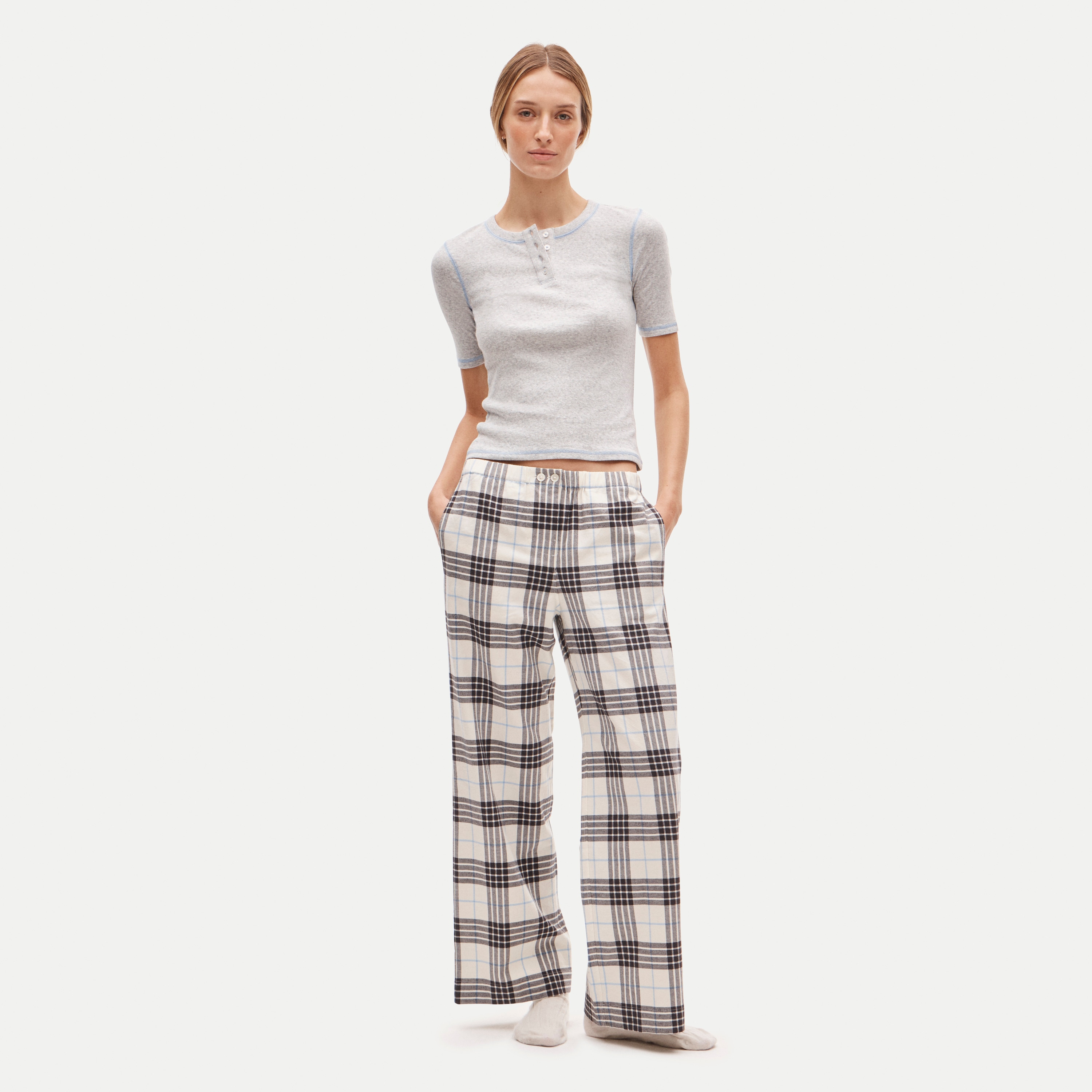 Pointelle tee and flannel pant pajama set
