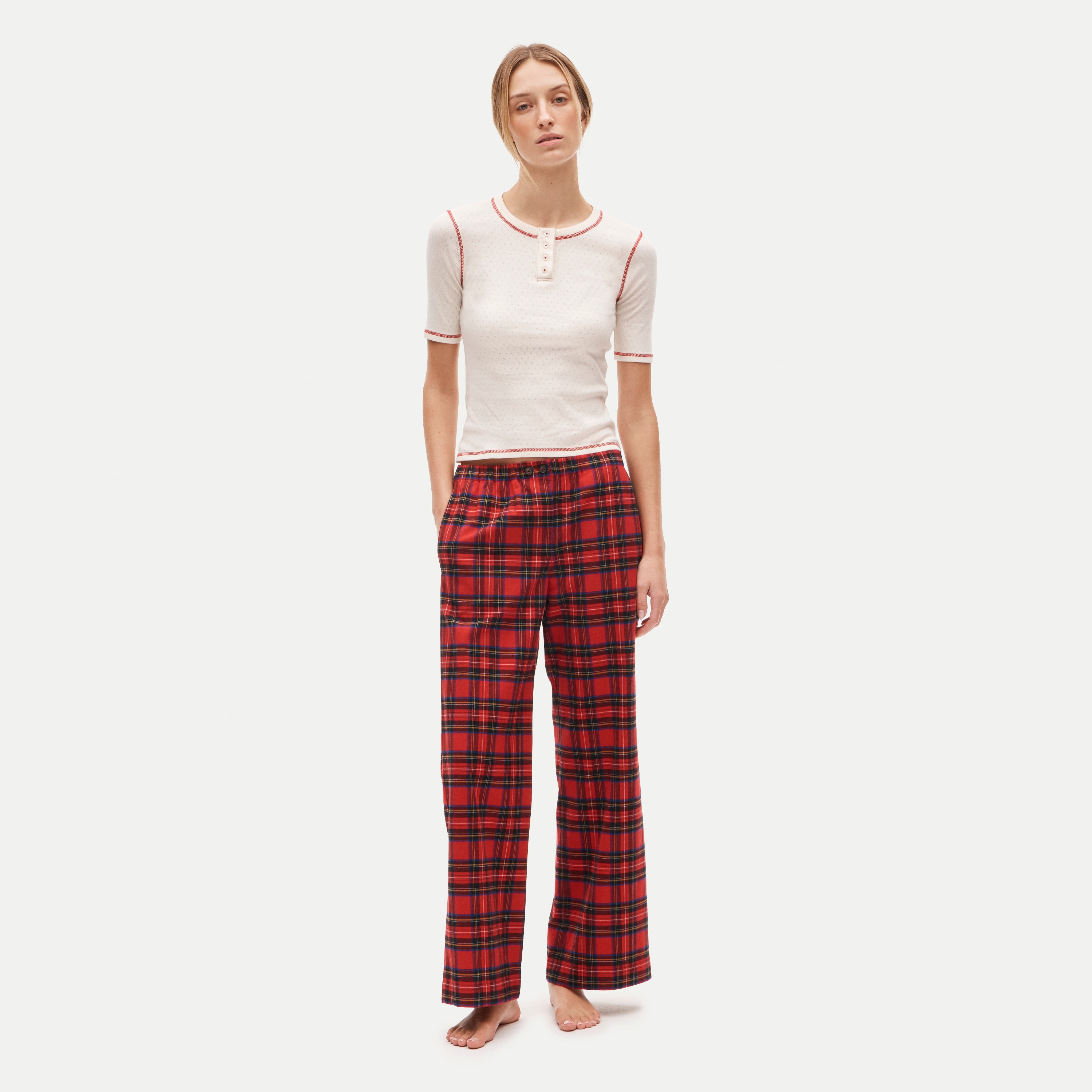 Pointelle tee and flannel pant pajama set in plaid