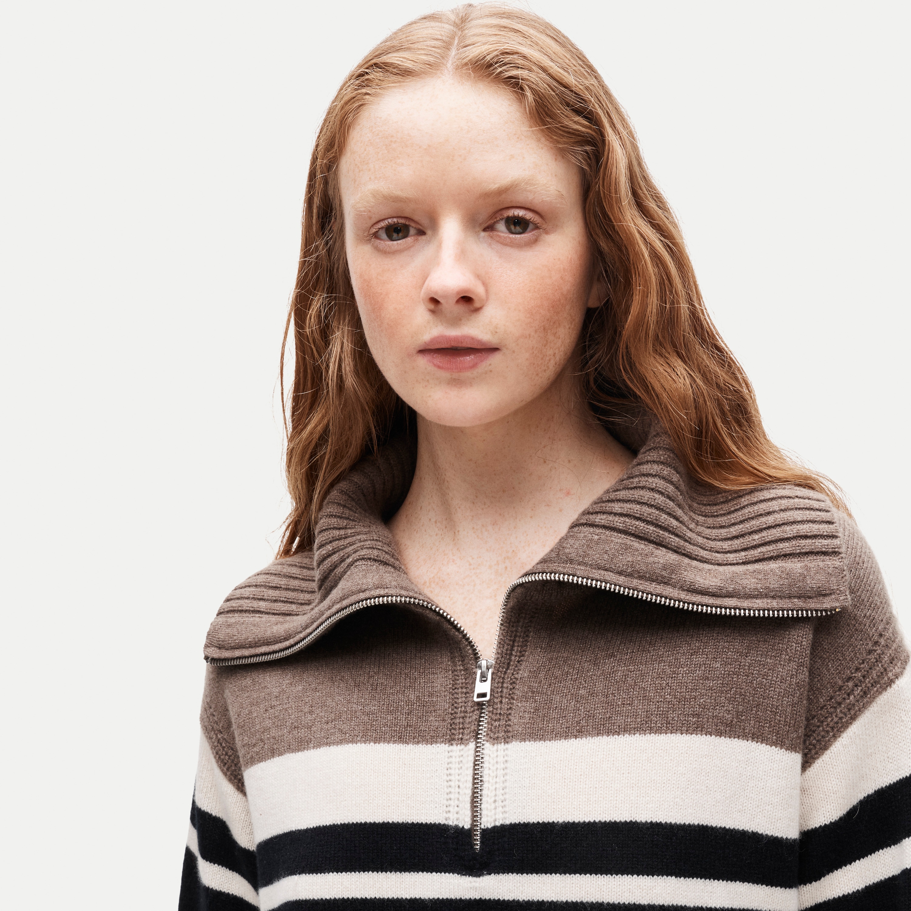 Cashmere quarter-zip sweater in placed stripe