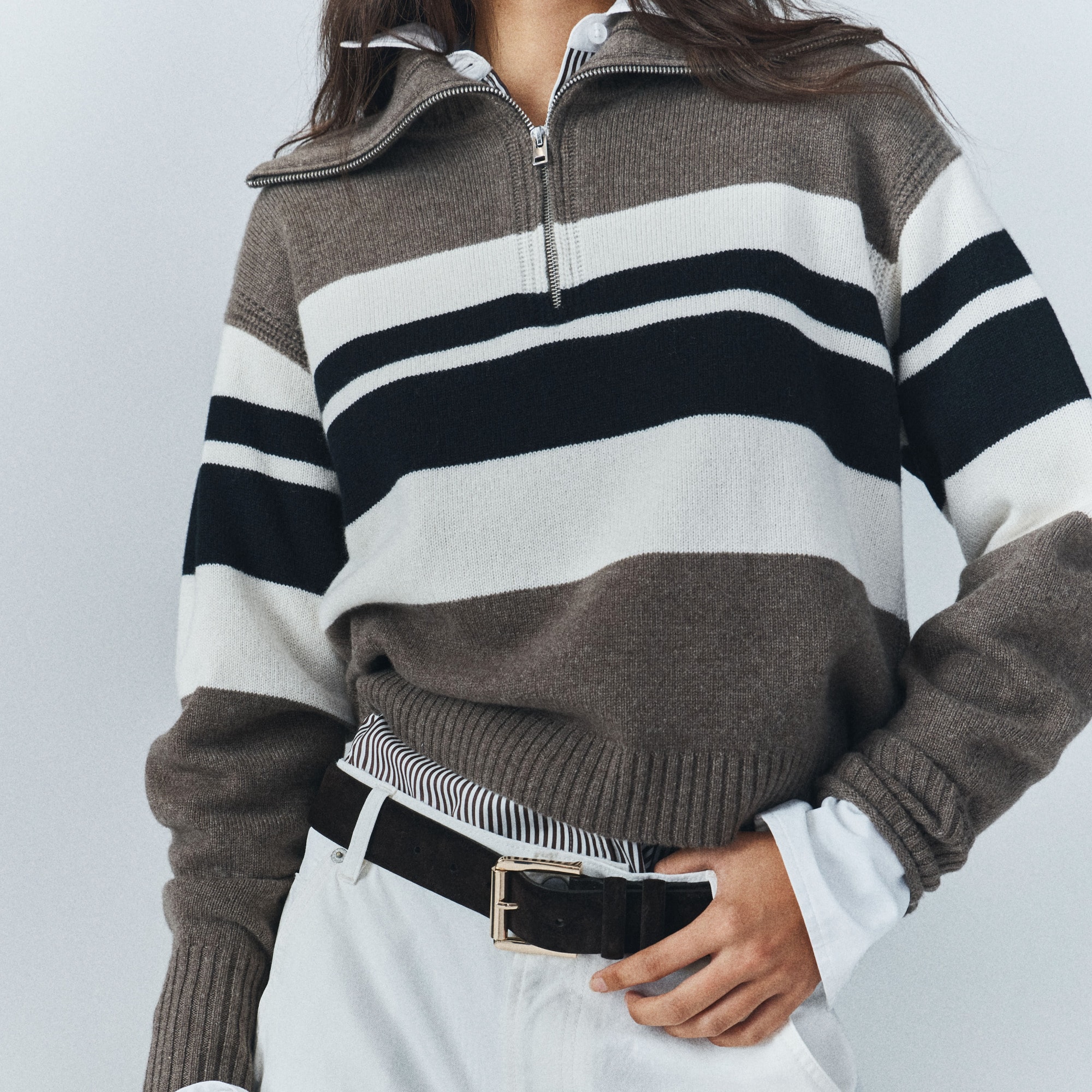 Cashmere quarter-zip sweater in placed stripe