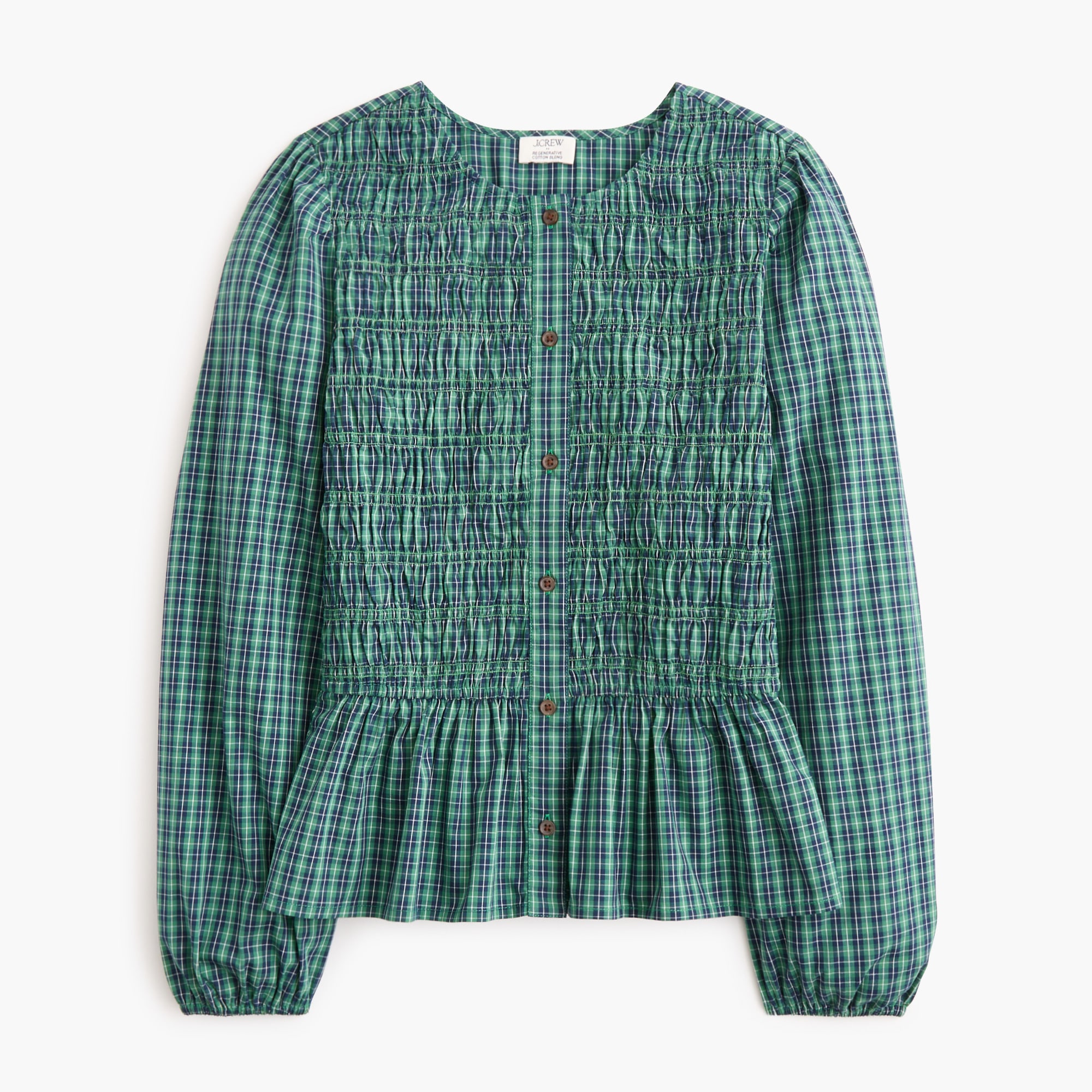 Poplin smocked button-front top