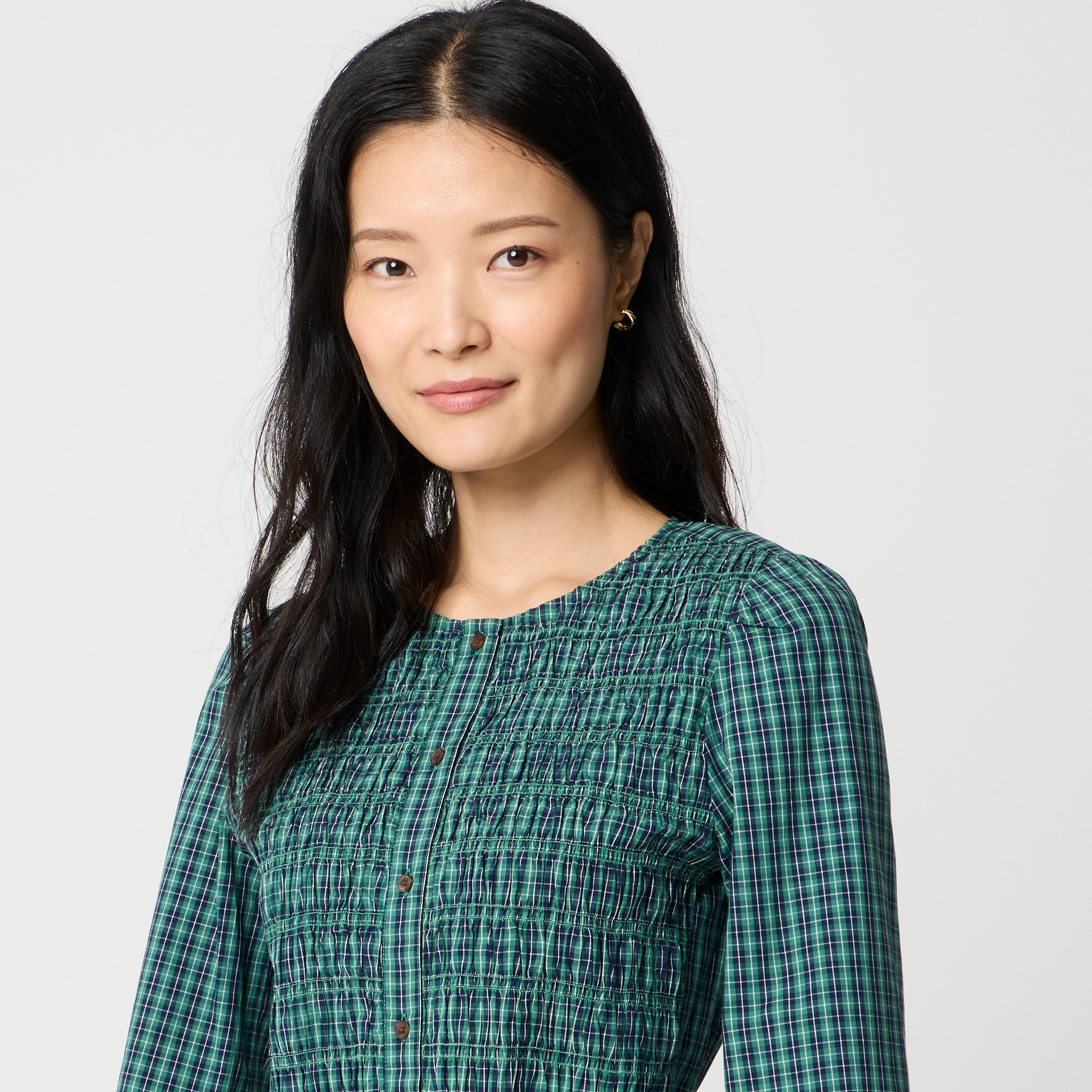 Poplin smocked button-front top