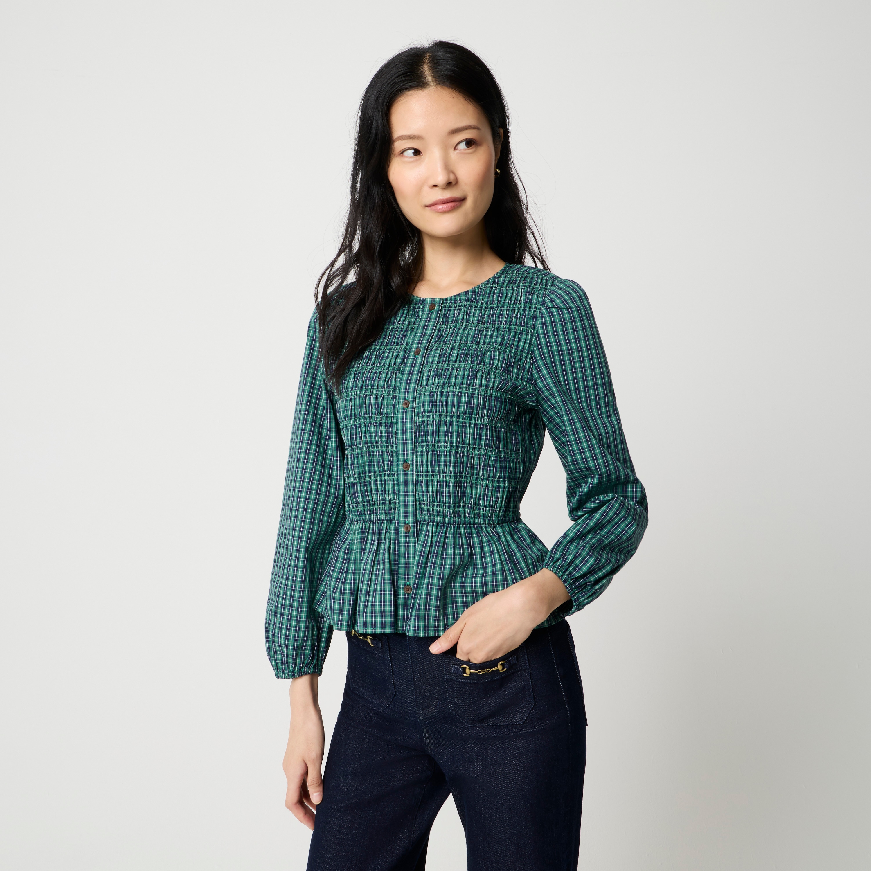 Poplin smocked button-front top