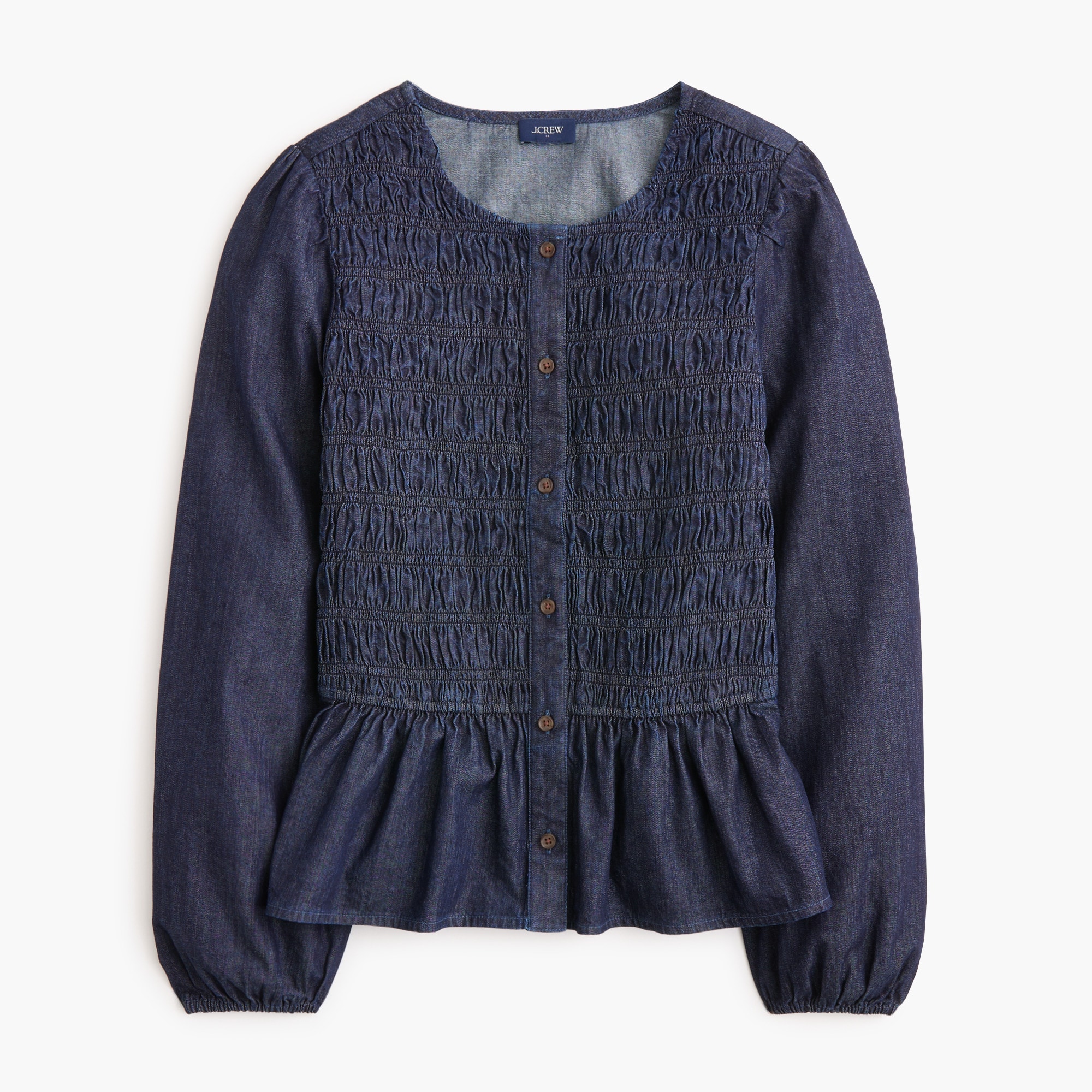 100% cotton chambray smocked button-front top