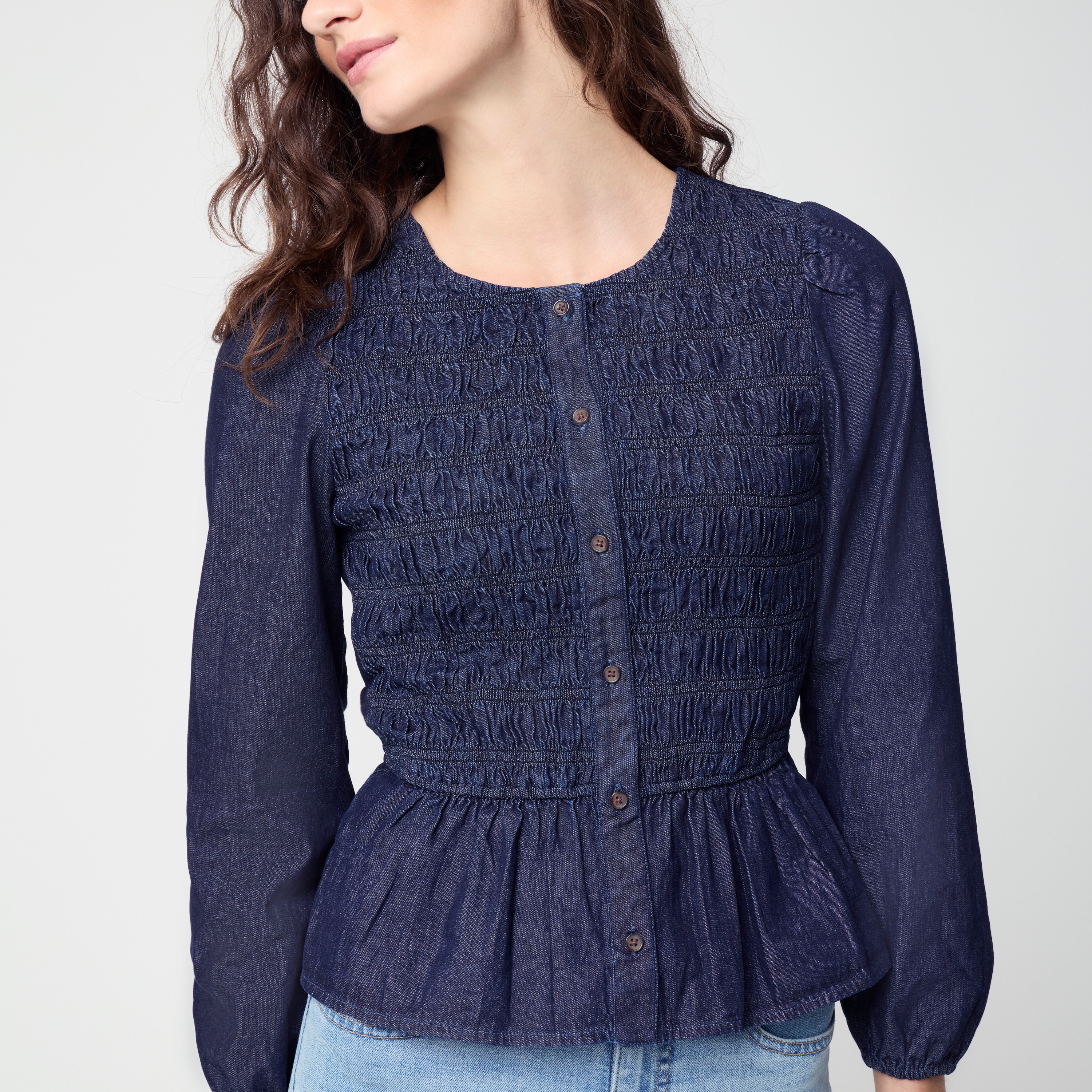 100% cotton chambray smocked button-front top
