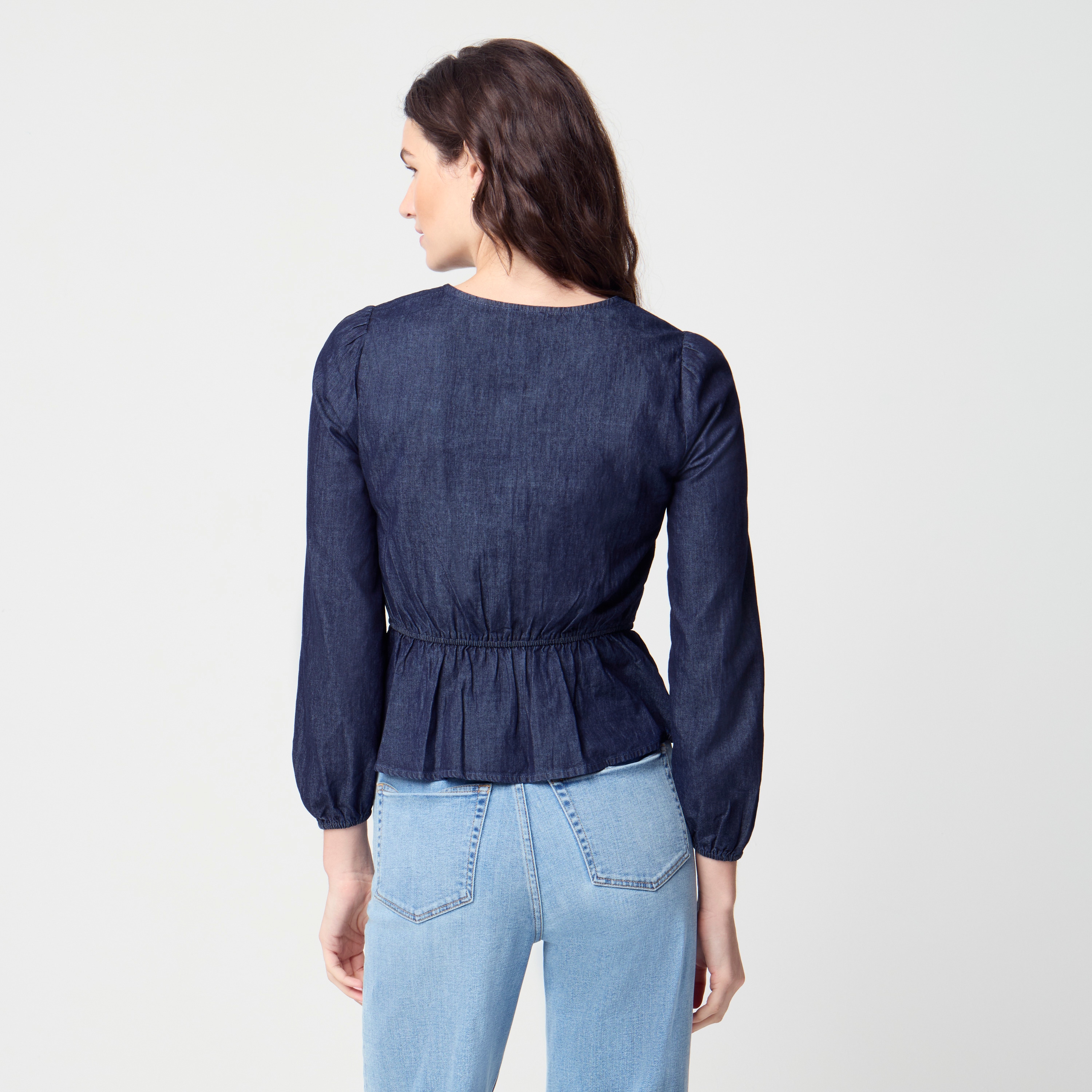 100% cotton chambray smocked button-front top