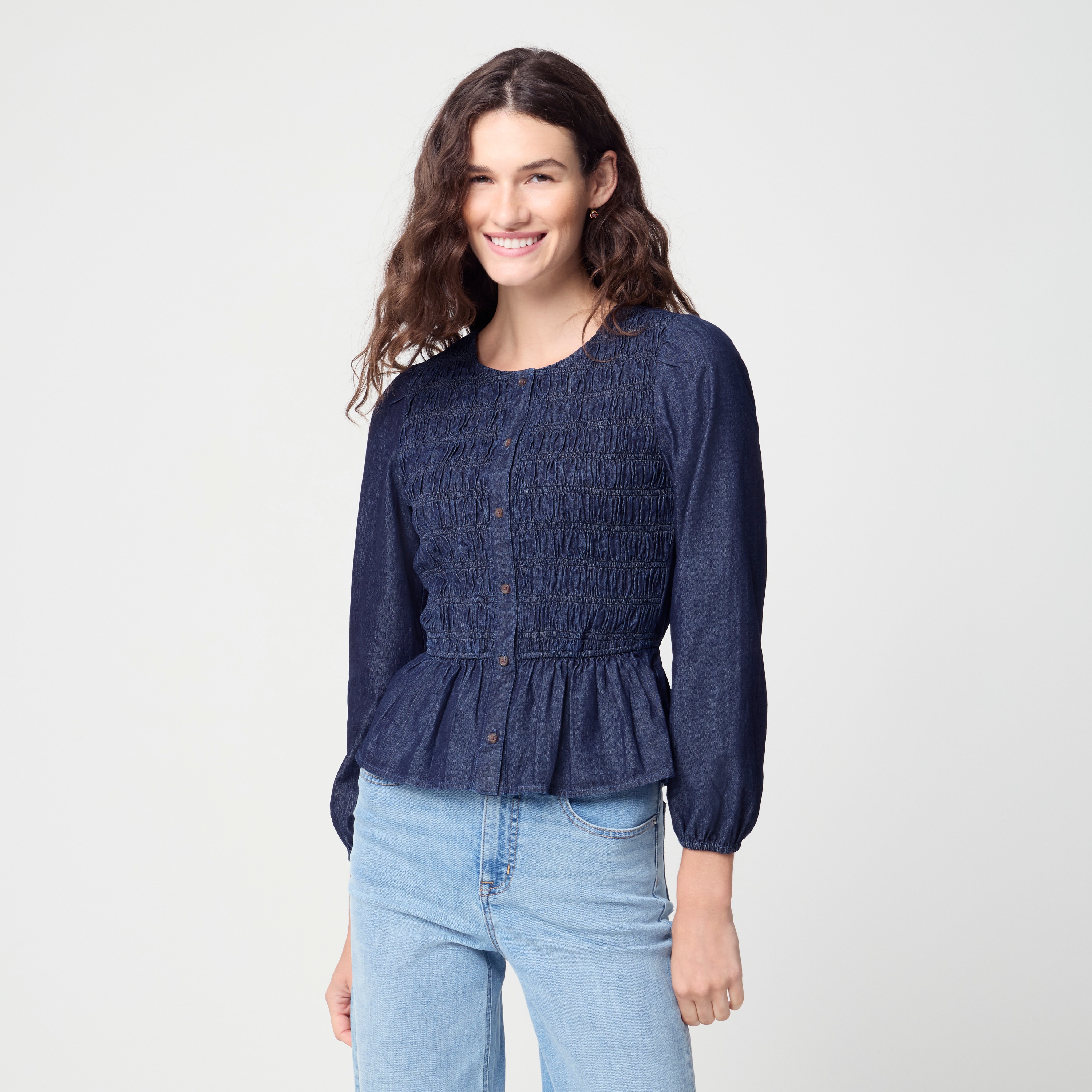 100% cotton chambray smocked button-front top