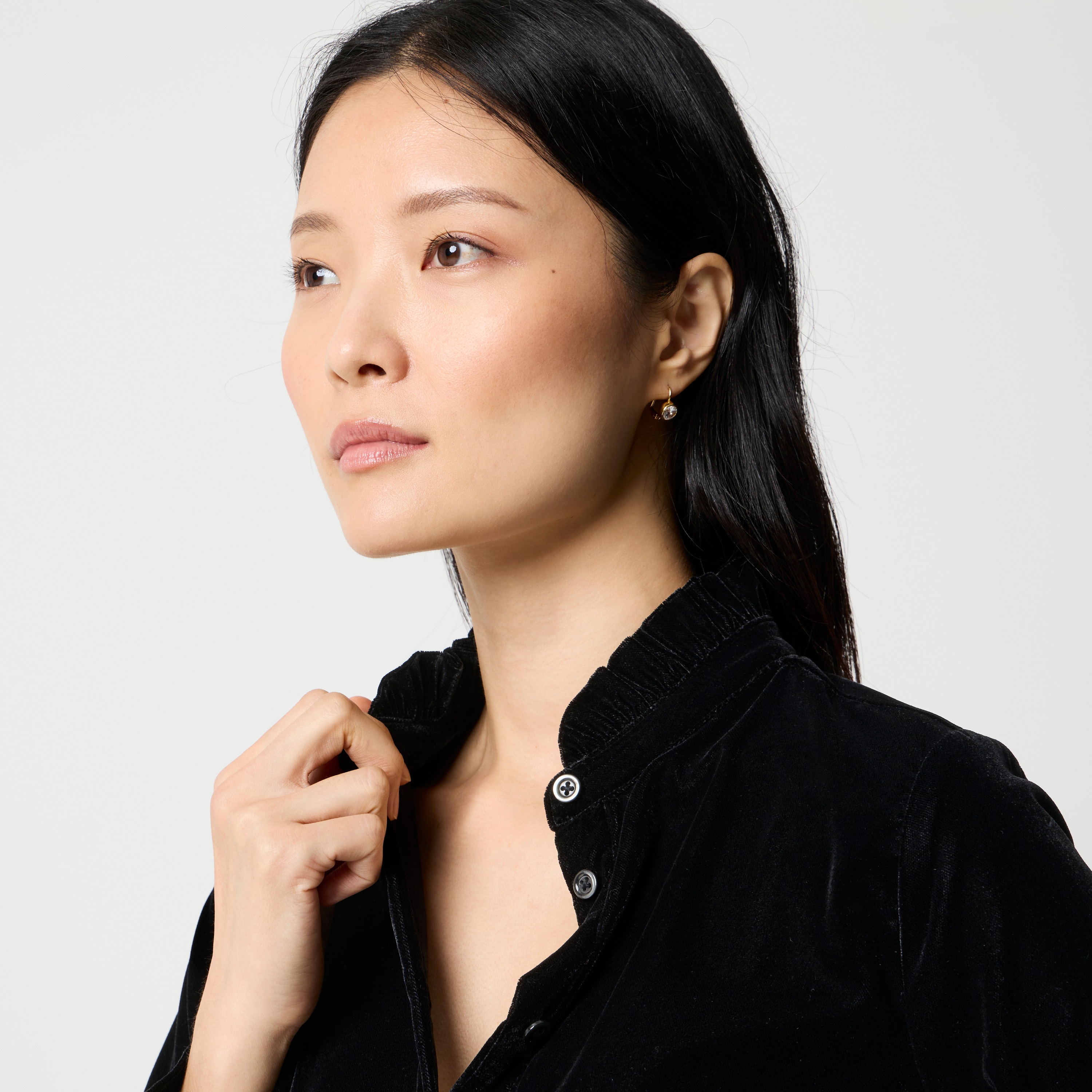 Velvet ruffle button-up shirt
