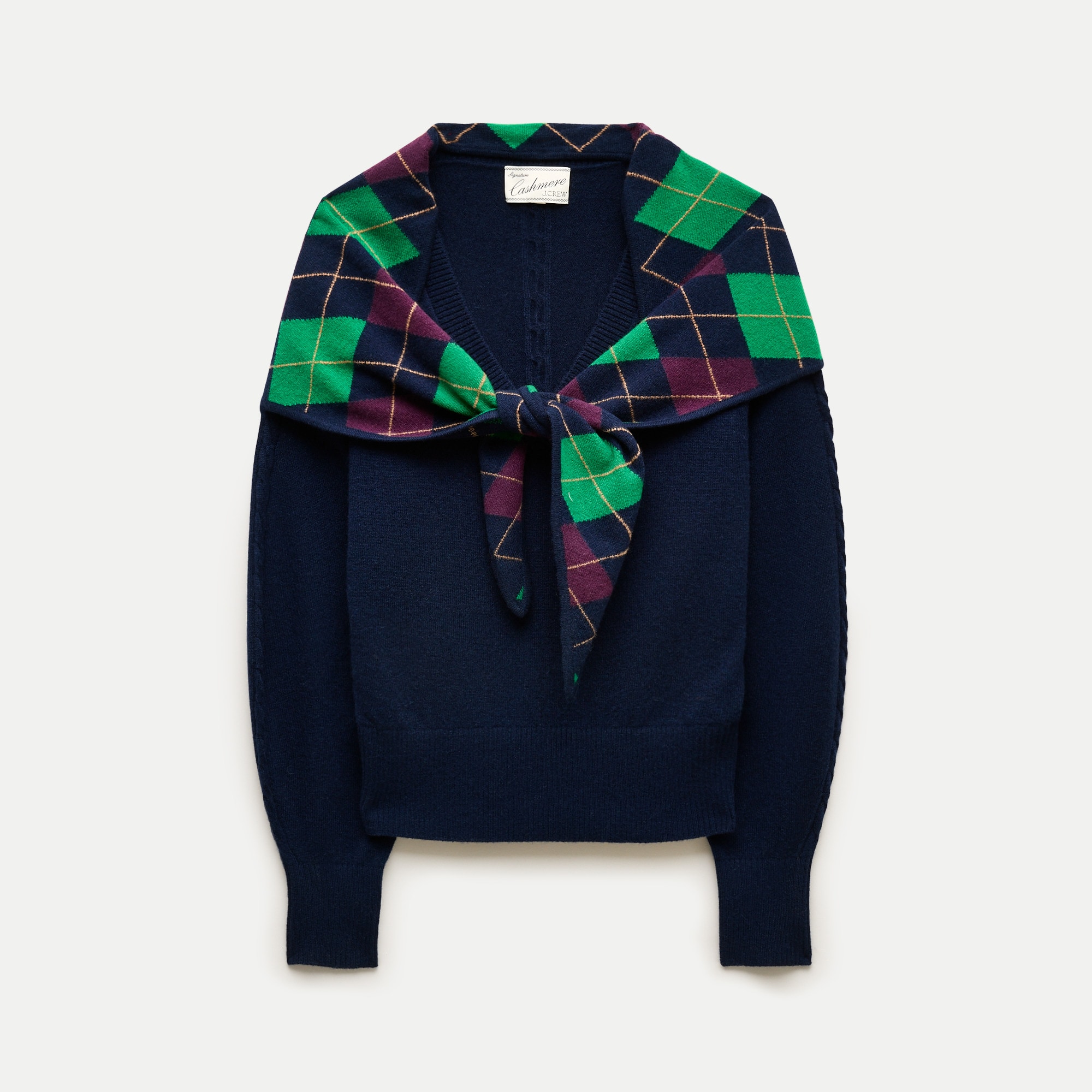 Cashmere V-neck sweater with removable argyle scarf