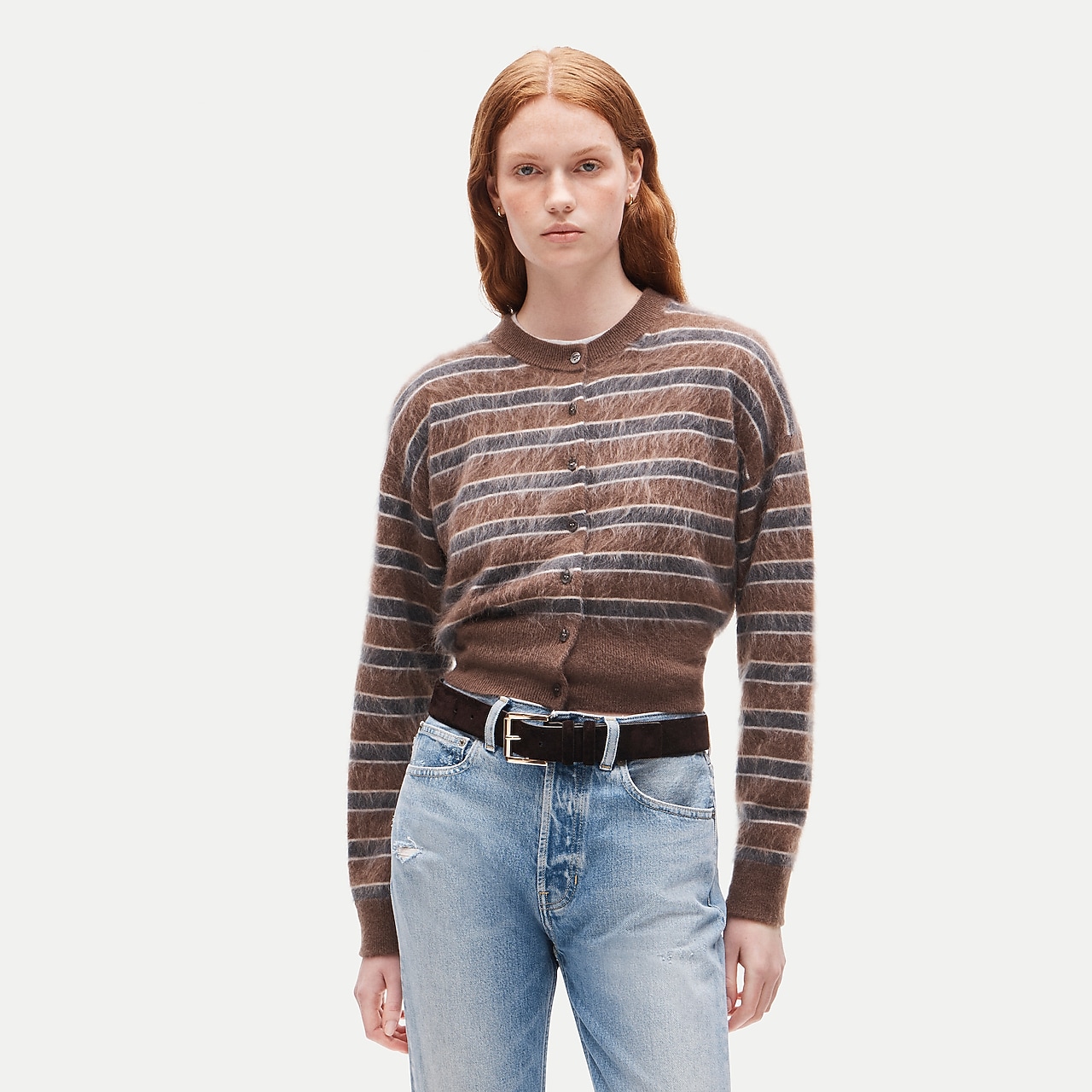 Brushed cashmere waisted cardigan in stripe by J.Crew