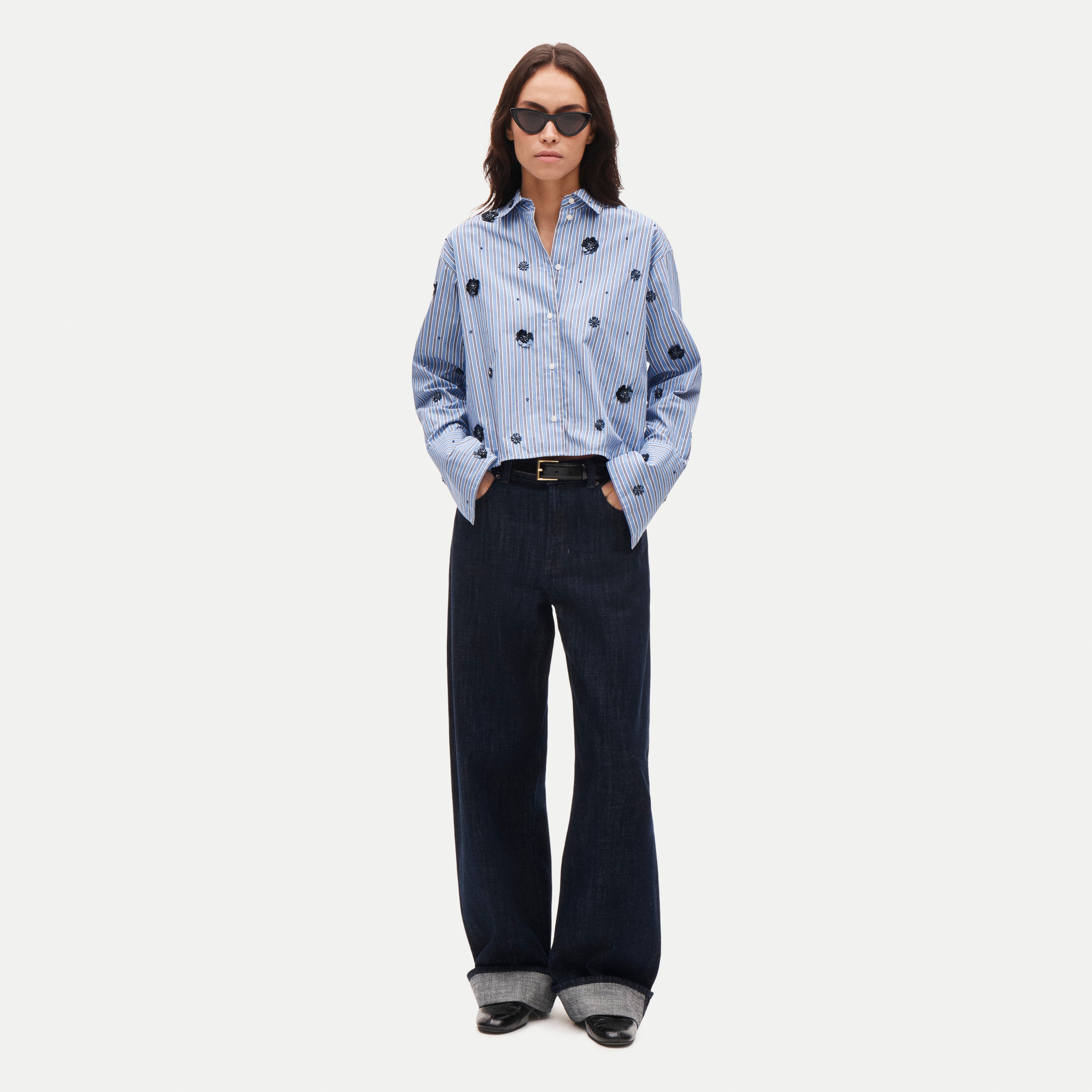 Esme cropped button-up shirt in embellished striped cotton poplin