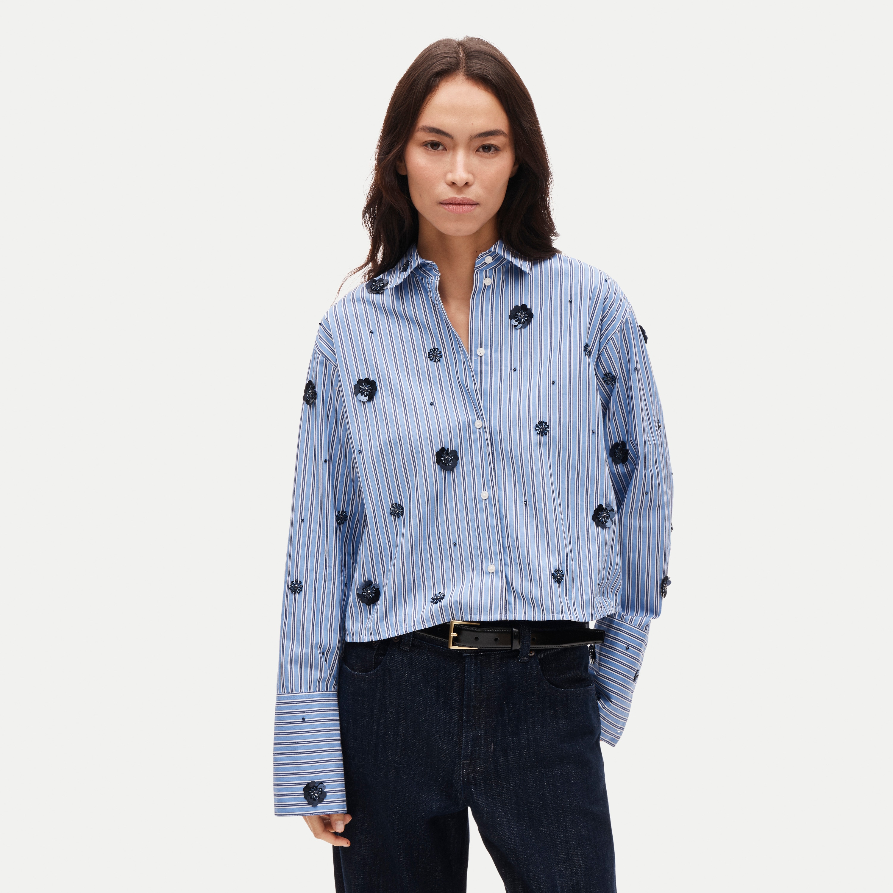Esme cropped button-up shirt in embellished striped cotton poplin