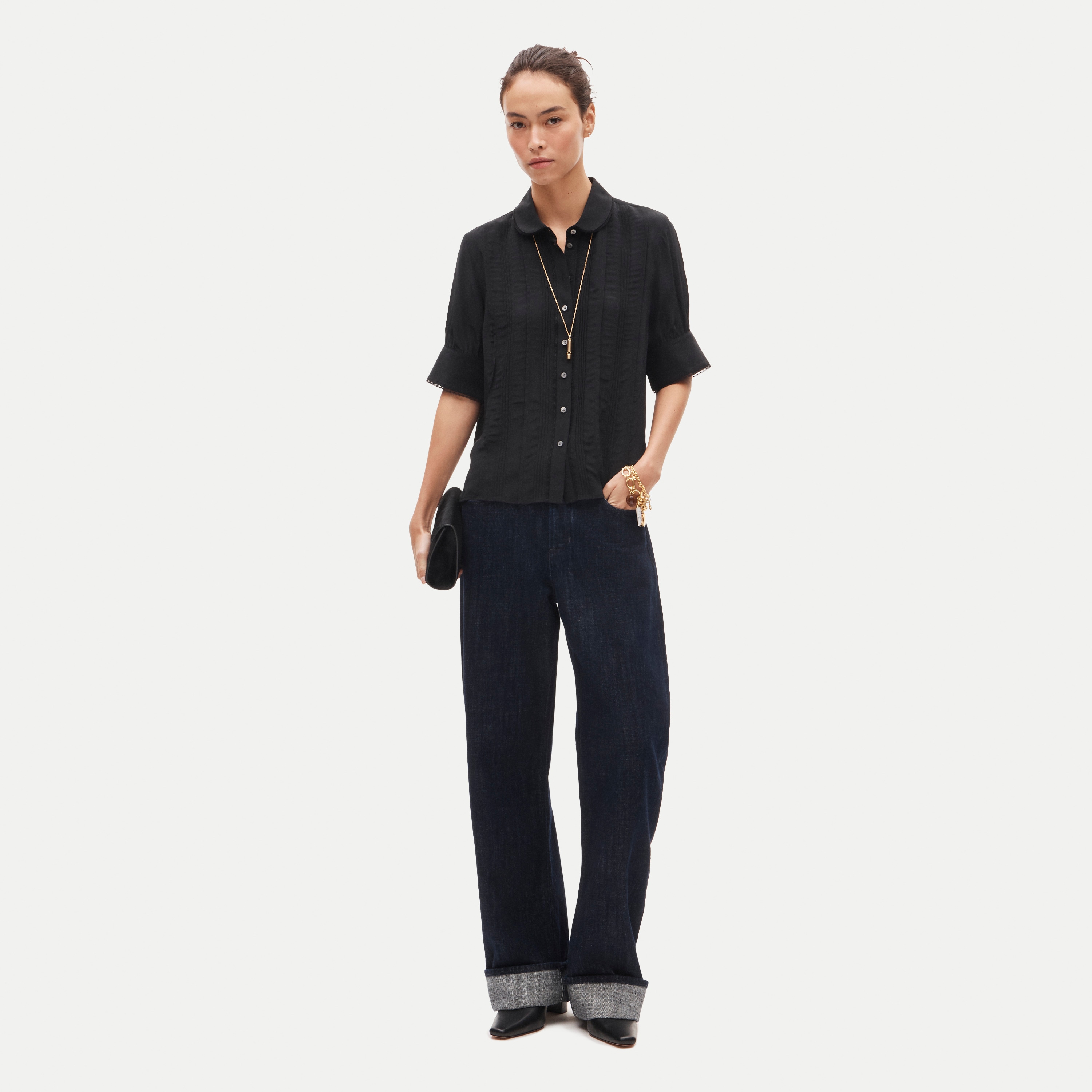 Lace-trim button-up top in crepe de chine