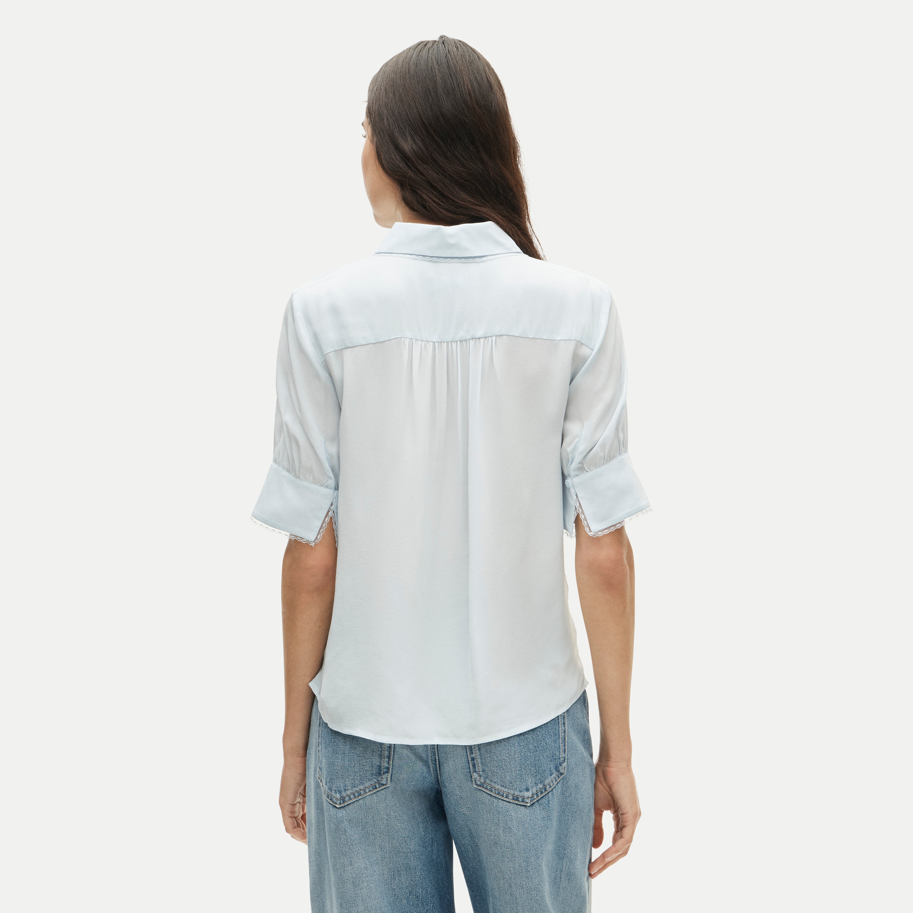 Lace-trim button-up top in crepe de chine