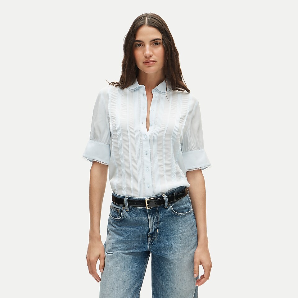 Lace-trim button-up top in crepe de chine by J.Crew