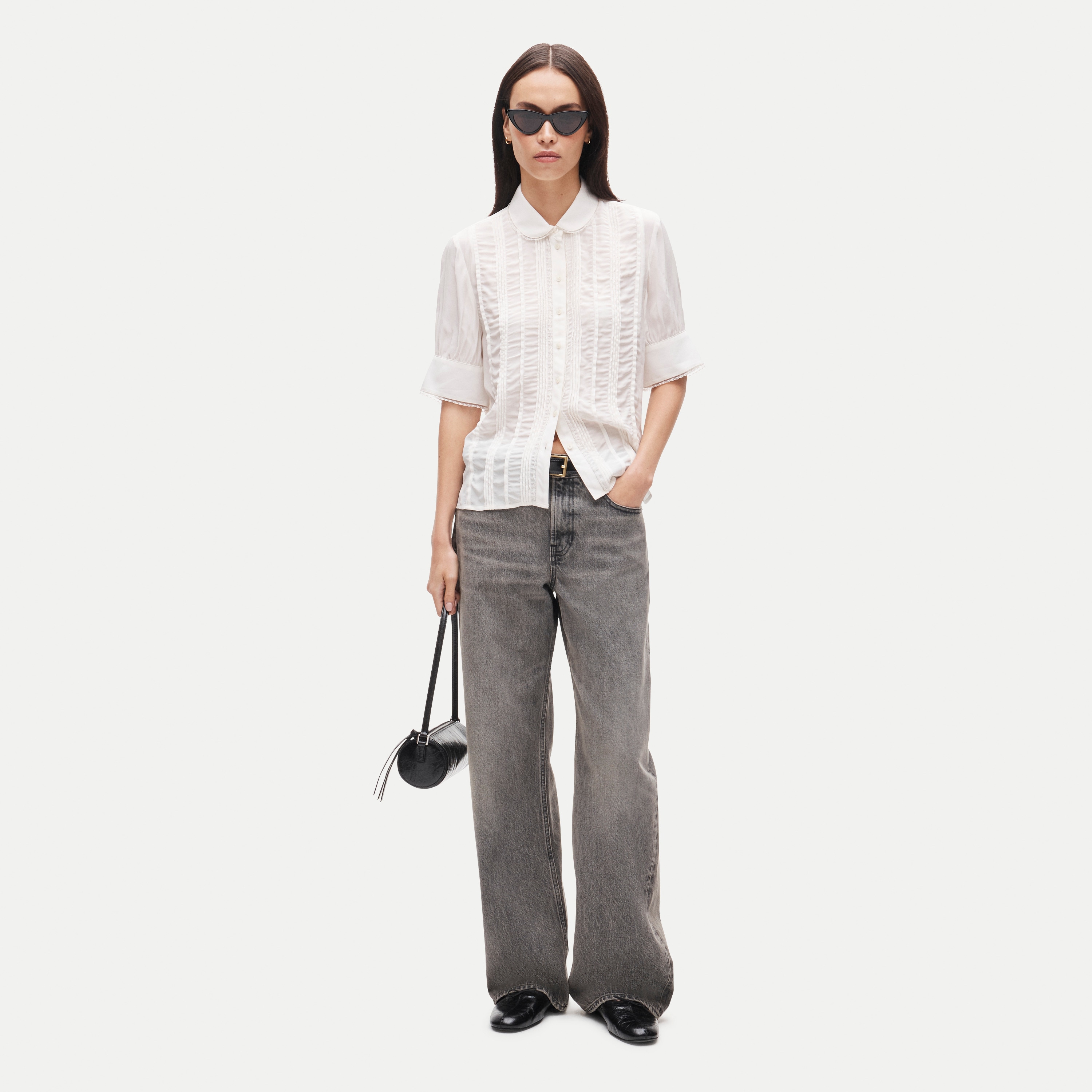 Lace-trim button-up top in crepe de chine - thumbnail 4