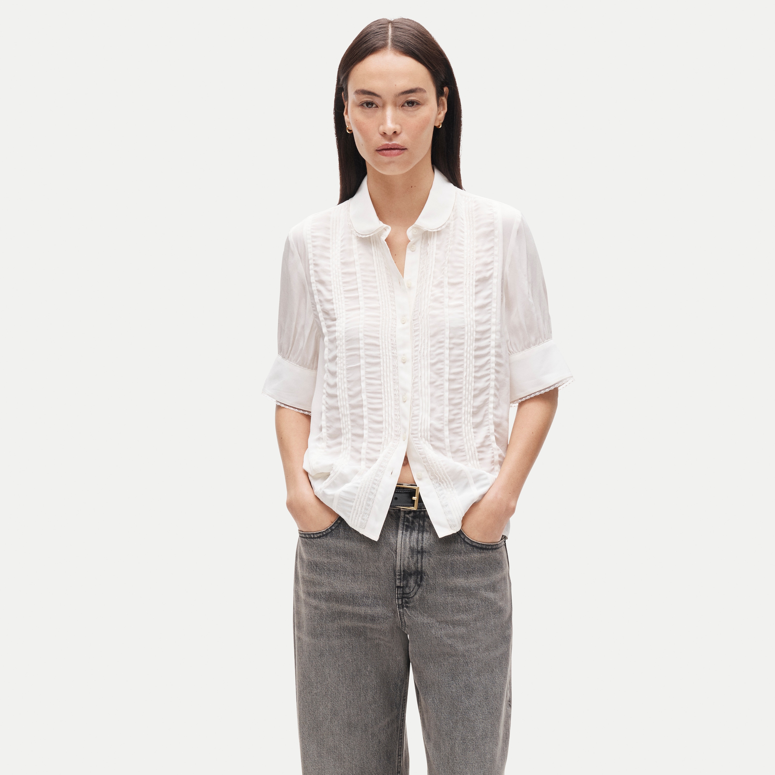 Lace-trim button-up top in crepe de chine