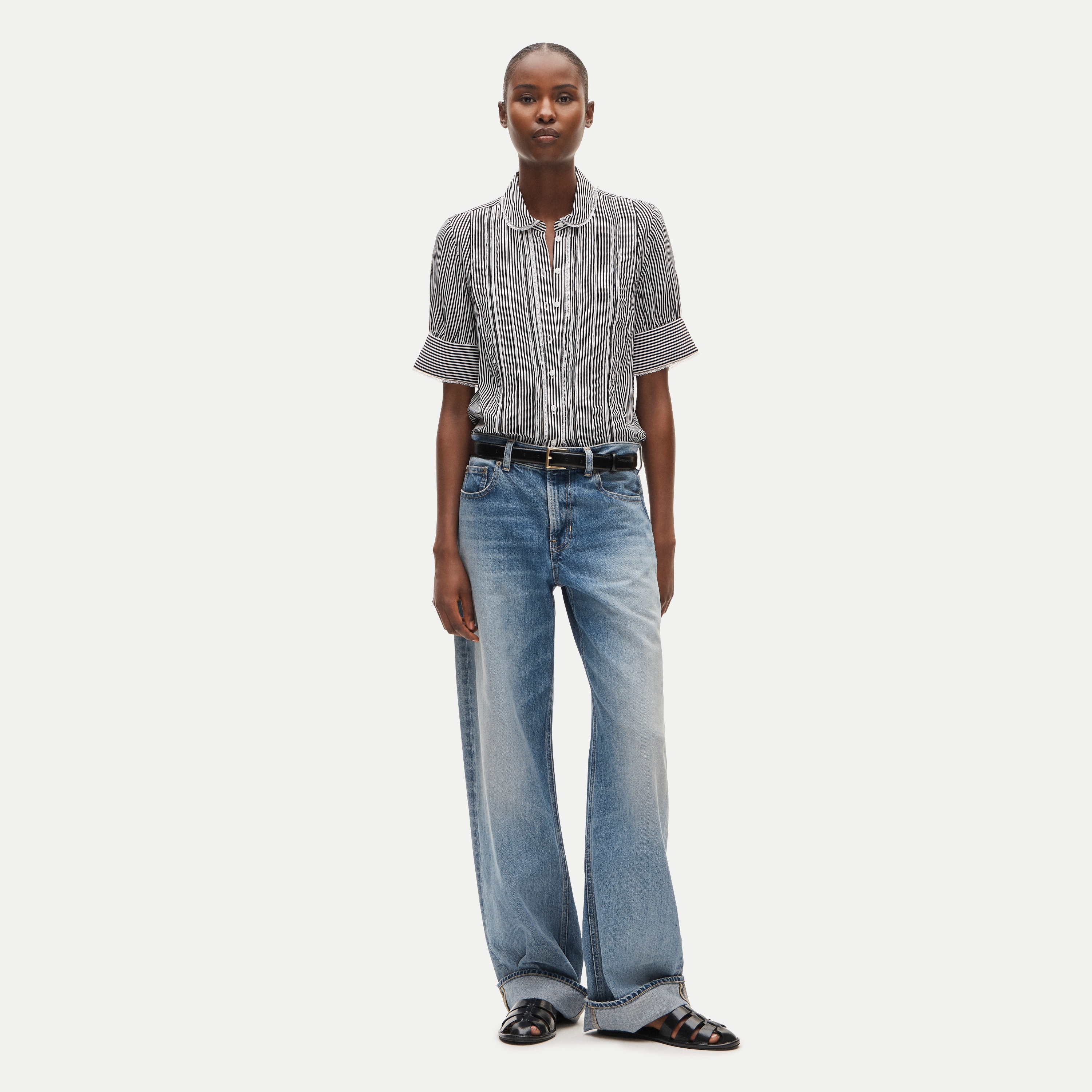 Lace-trim button-up top in striped crepe de chine