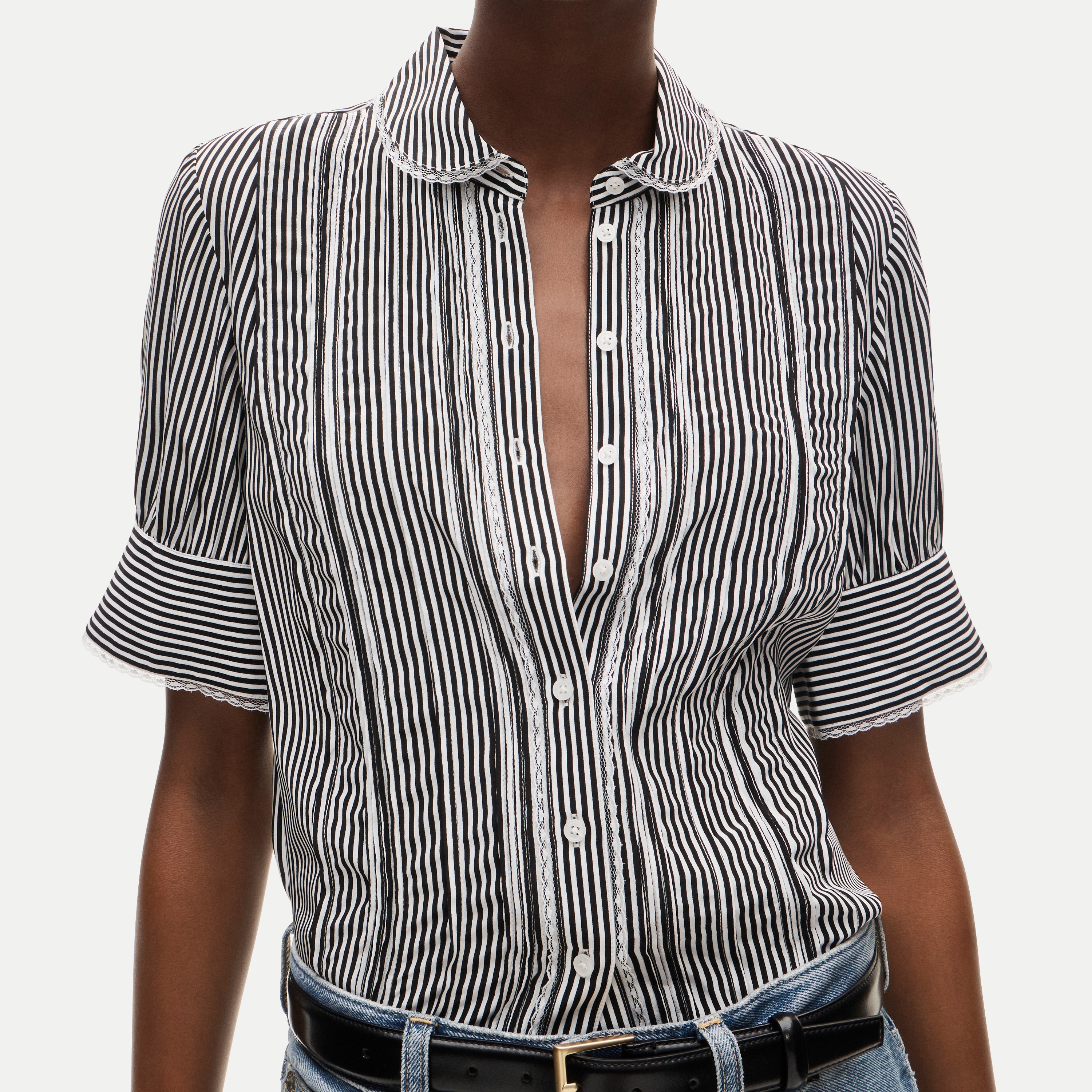 Lace-trim button-up top in striped crepe de chine