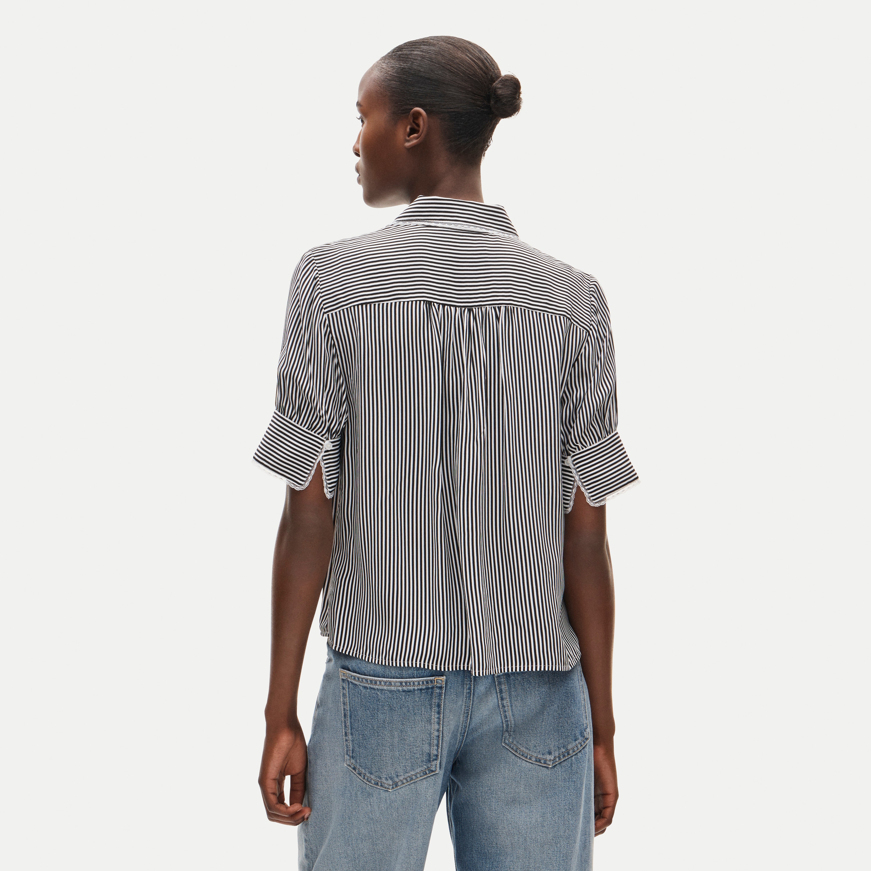 Lace-trim button-up top in striped crepe de chine
