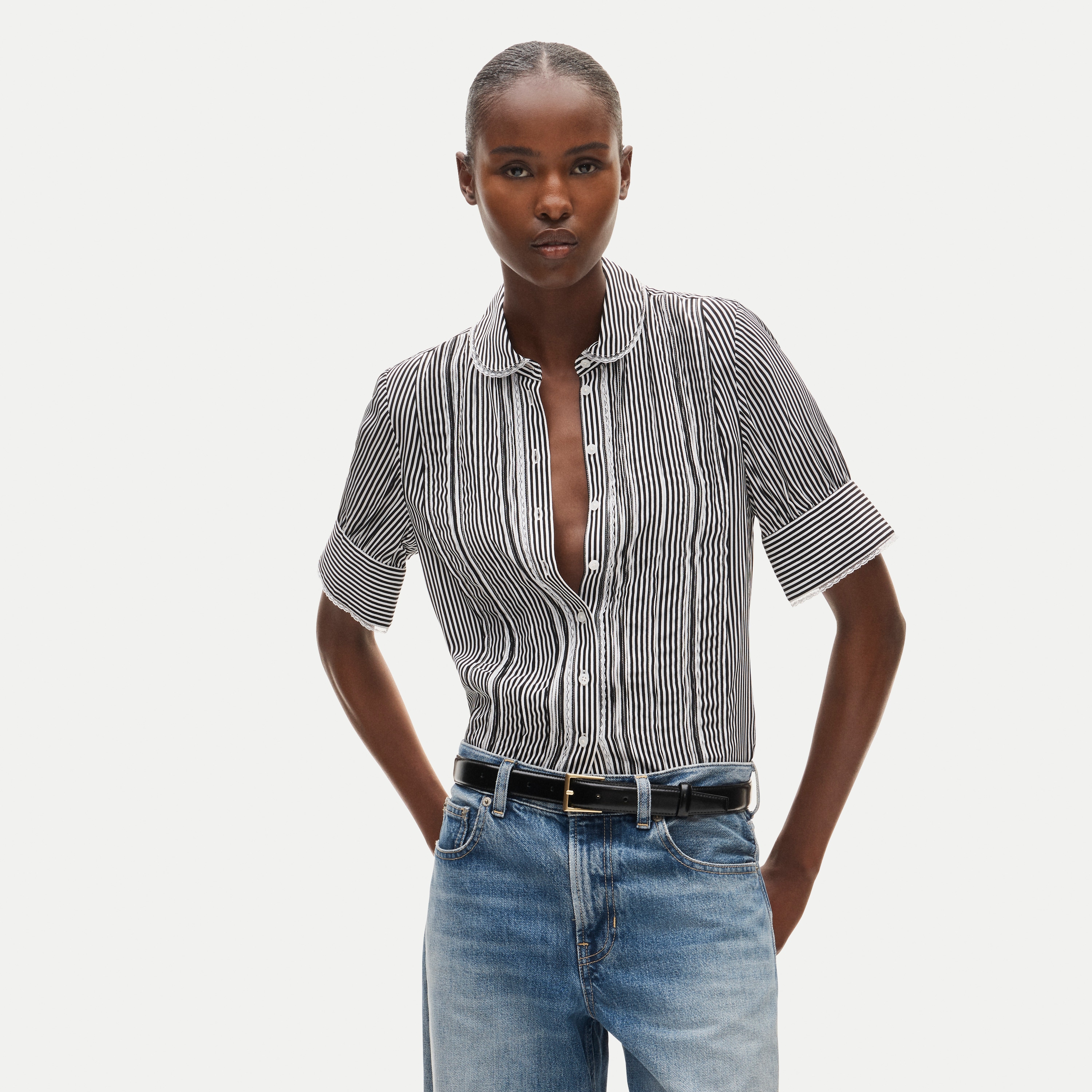 Lace-trim Button-up Top In Striped Crepe De Chine For Women | J.Crew