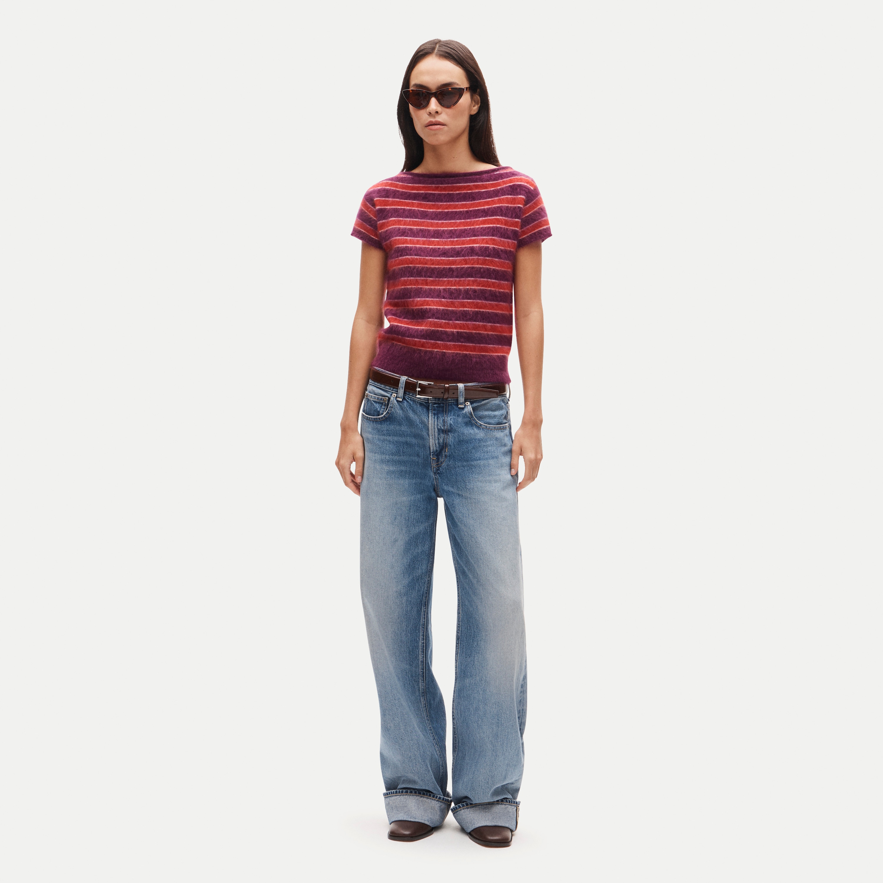 Brushed cashmere boatneck sweater in stripe