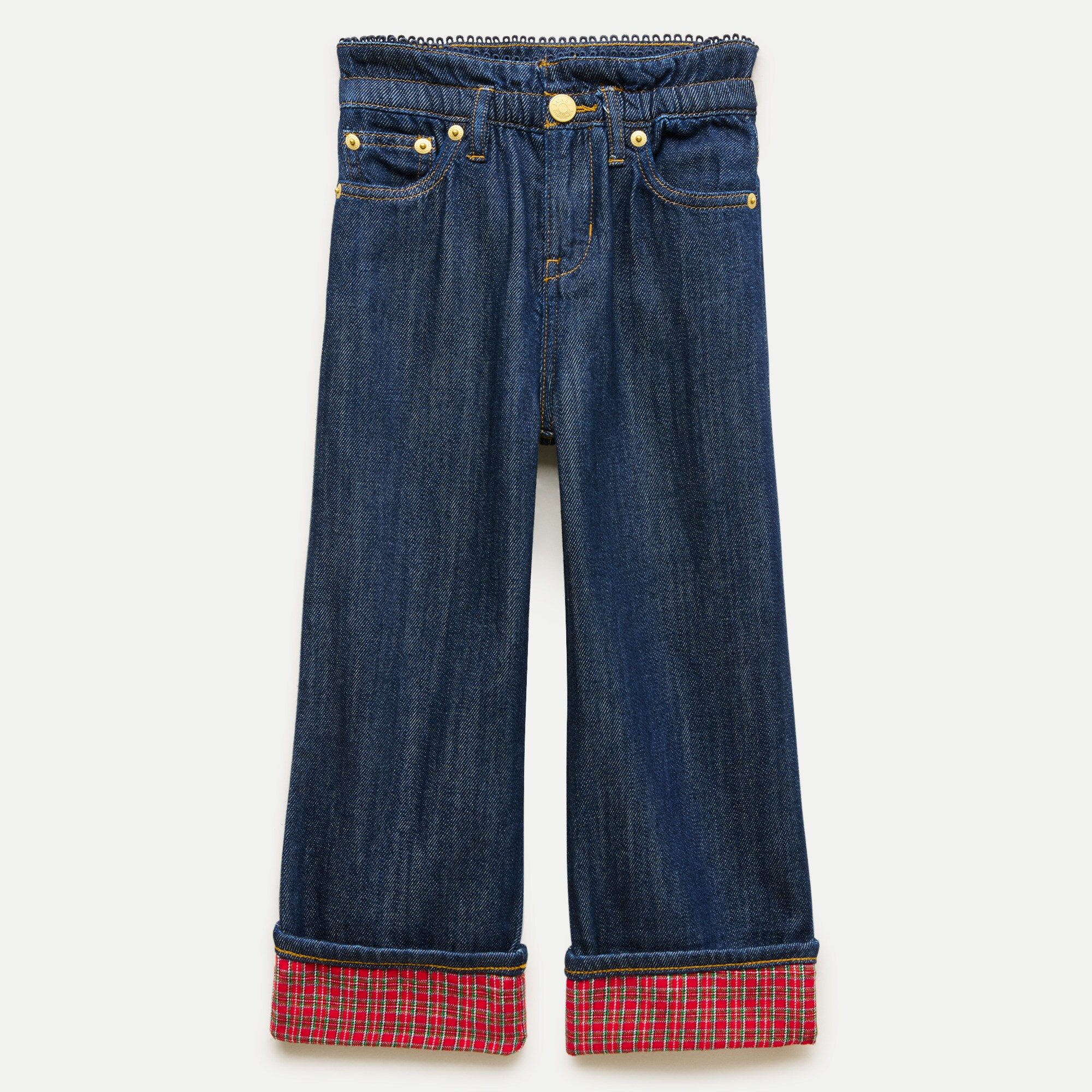 Girls' paper-bag jean with tartan cuff