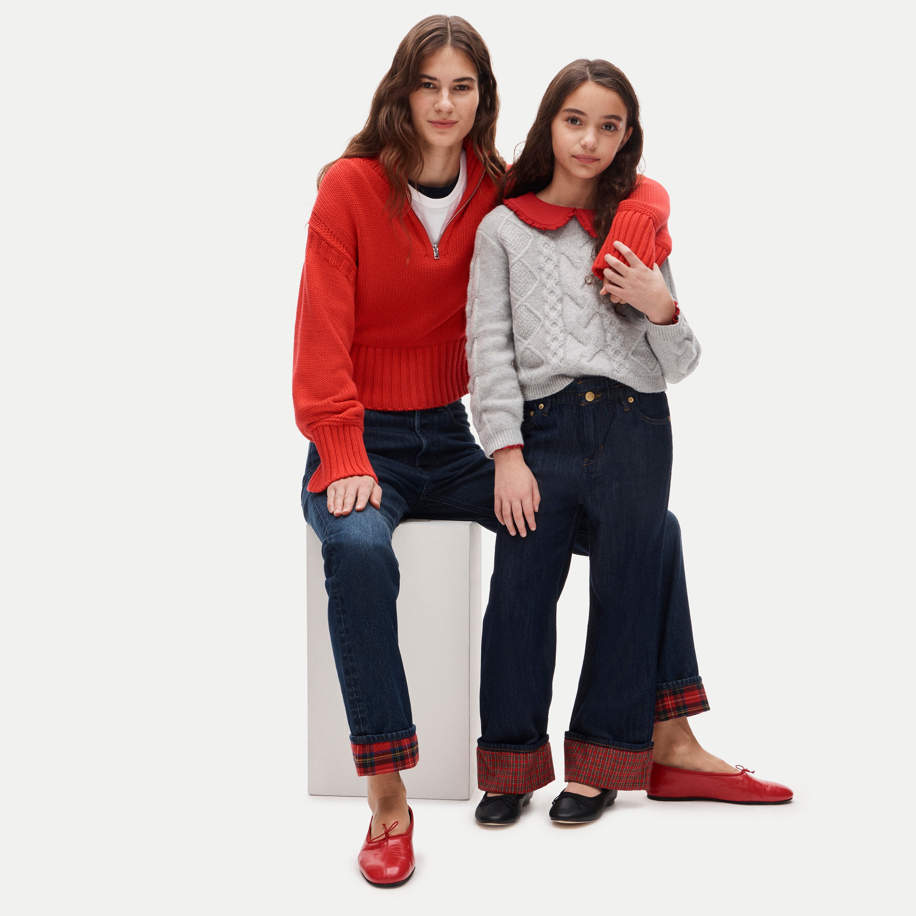 Girls' paper-bag jean with tartan cuff