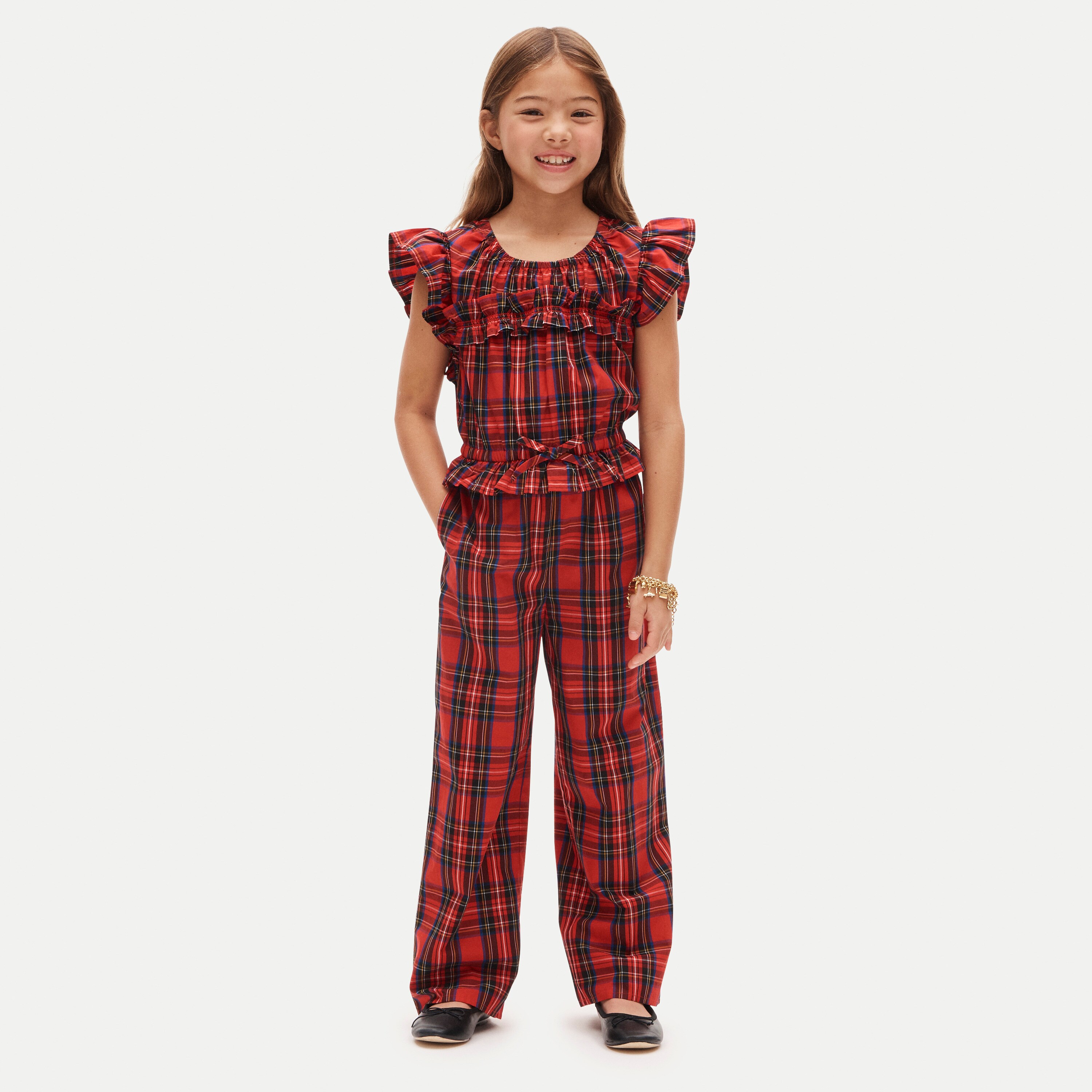 Girls' flutter-sleeve jumpsuit in Good Tidings plaid