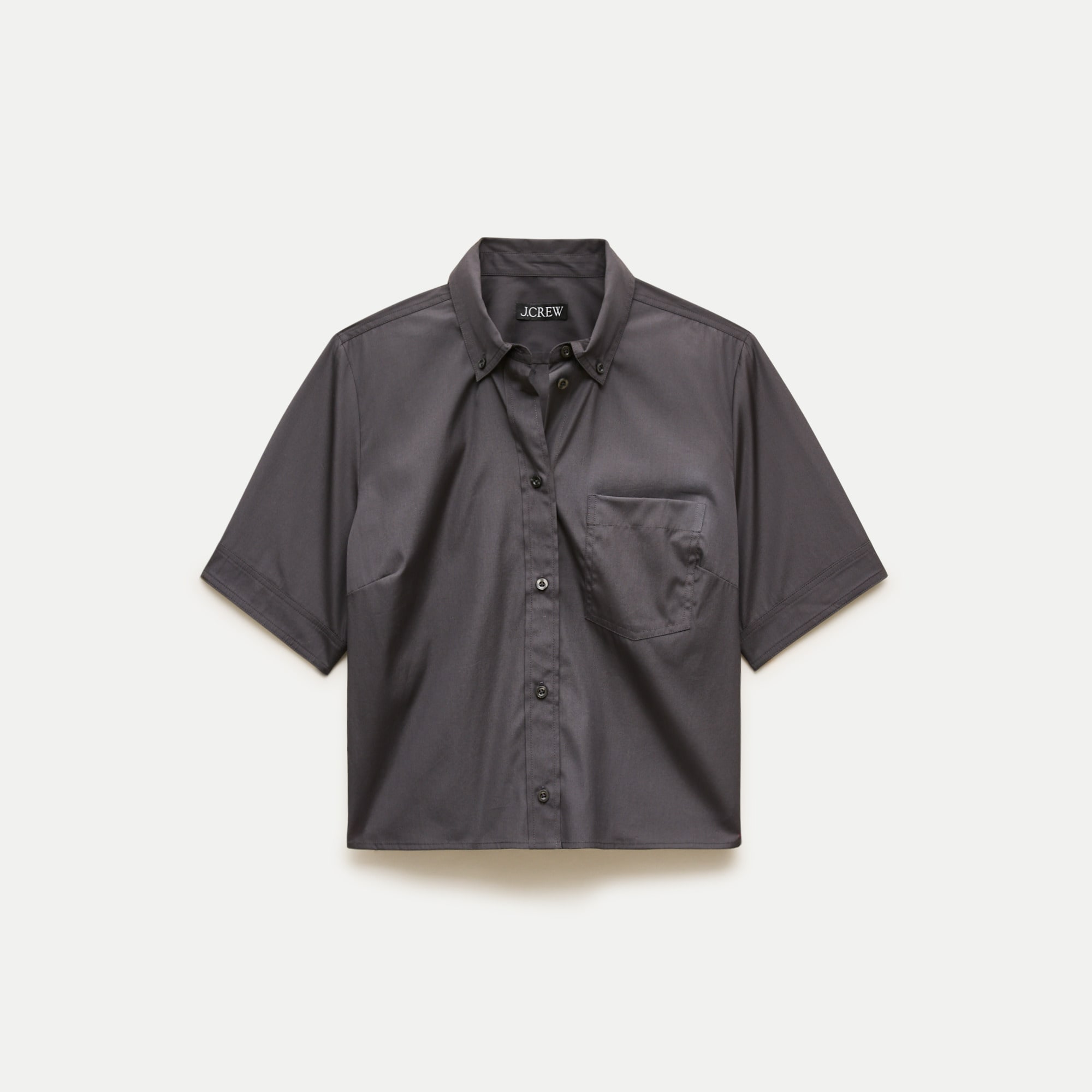 Cropped button-up short-sleeve shirt in cotton poplin