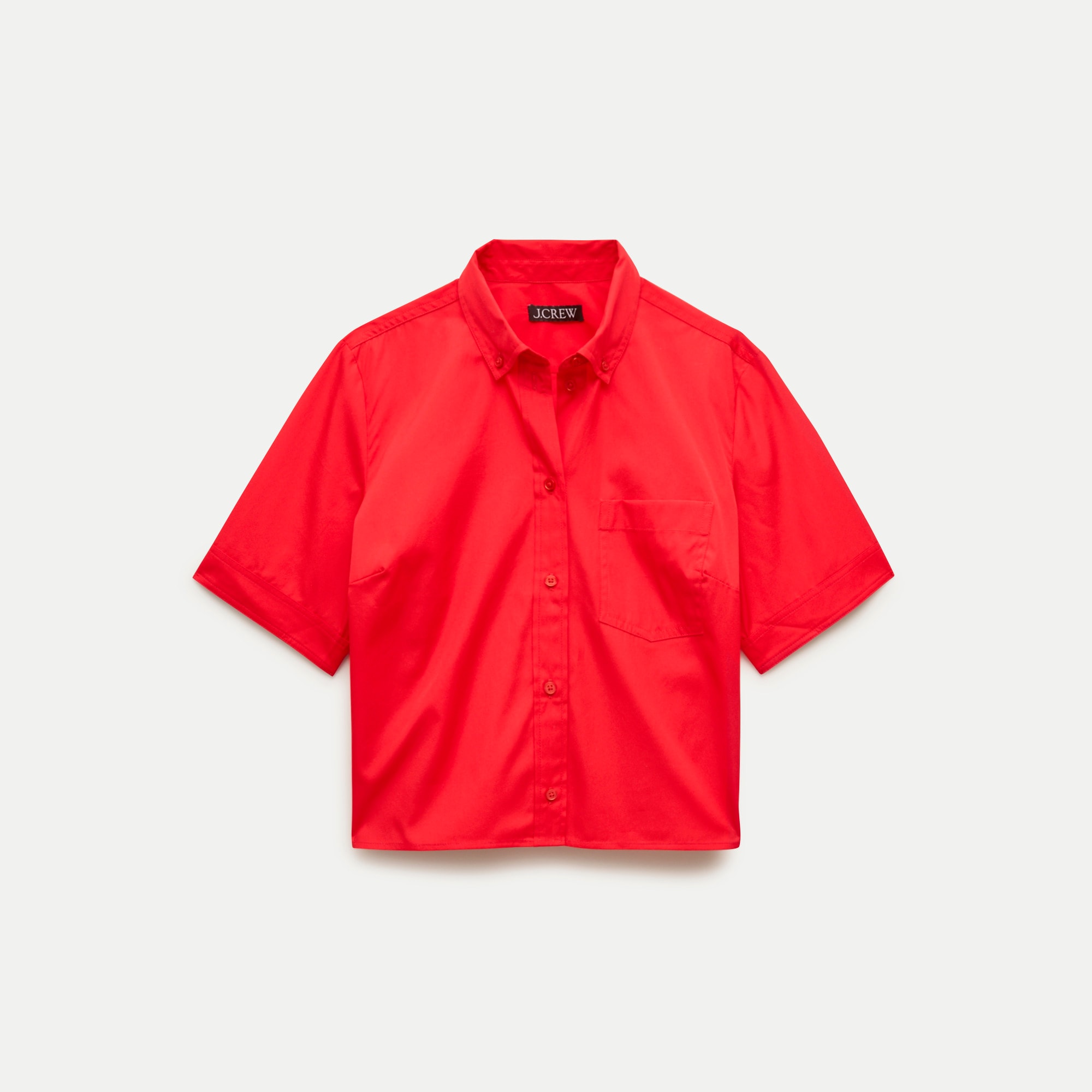 Cropped button-up short-sleeve shirt in cotton poplin