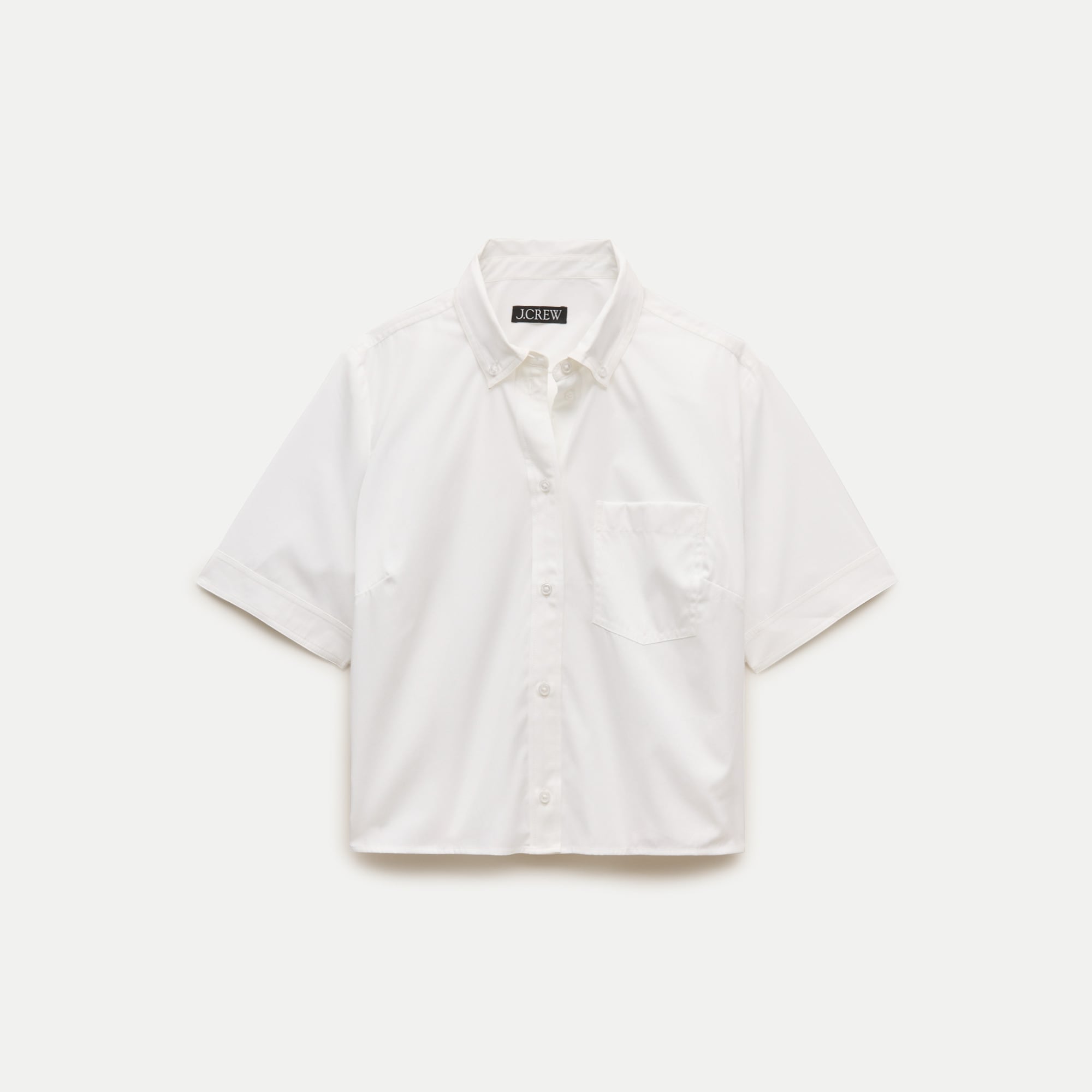 Cropped button-up short-sleeve shirt in cotton poplin