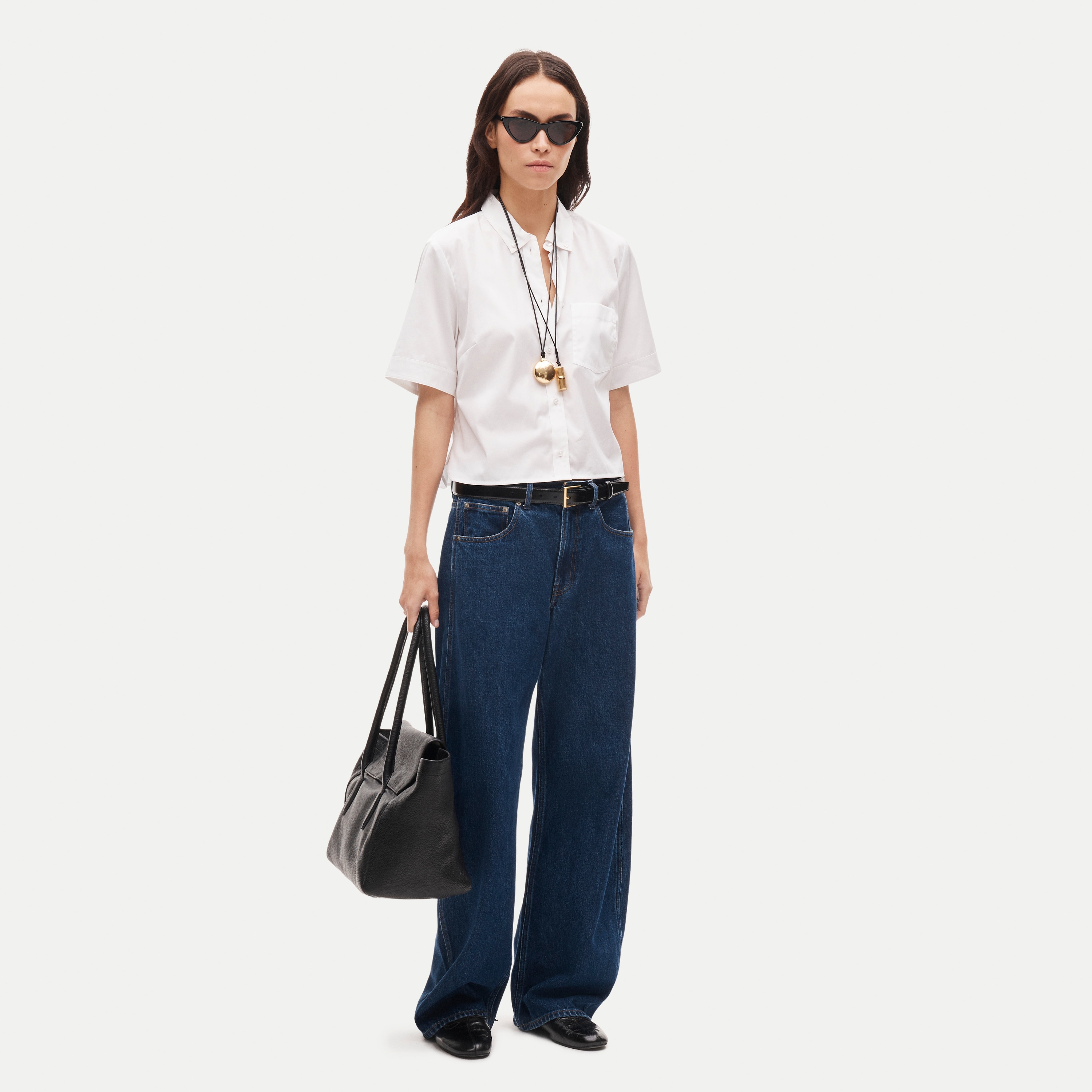Cropped button-up short-sleeve shirt in cotton poplin