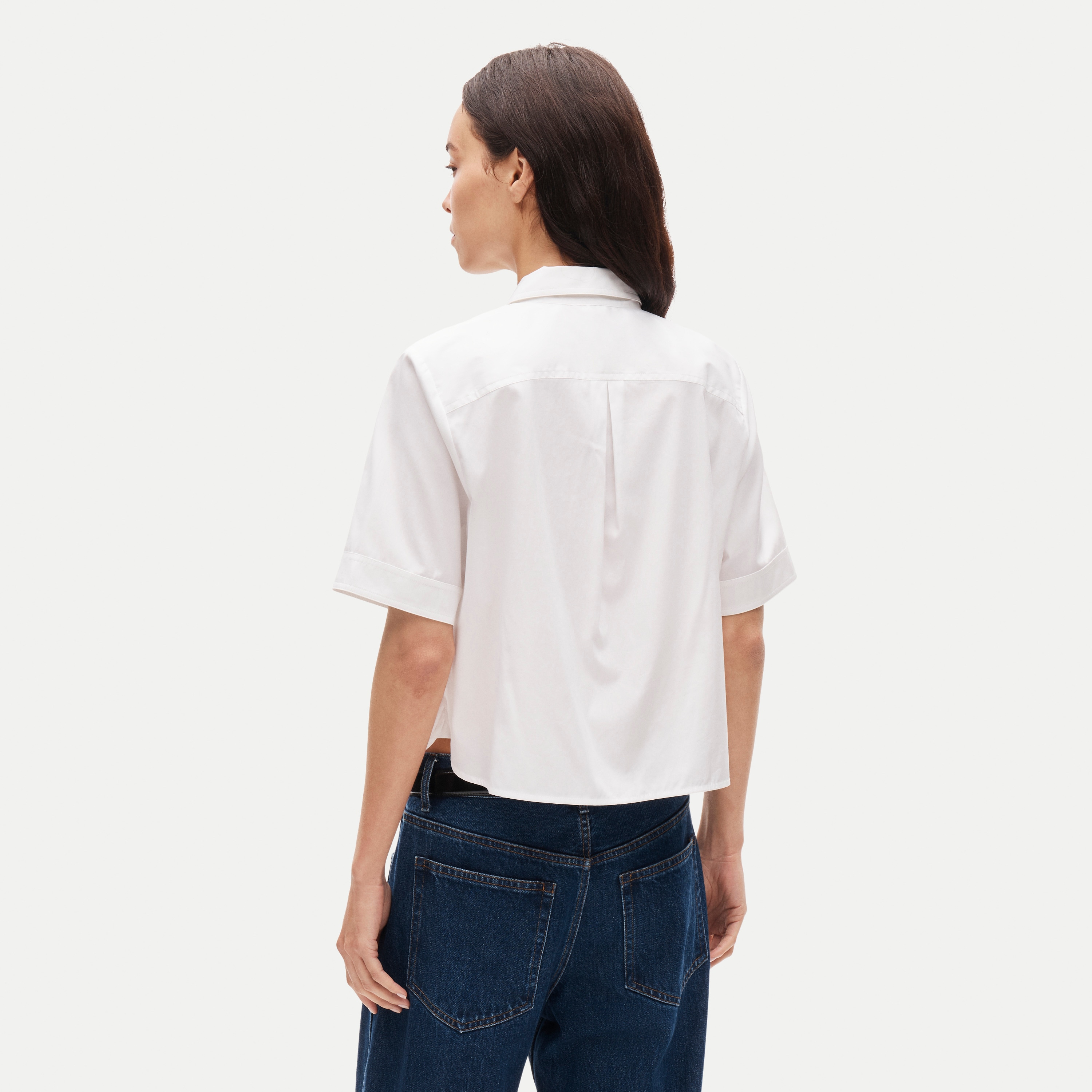 Cropped button-up short-sleeve shirt in cotton poplin