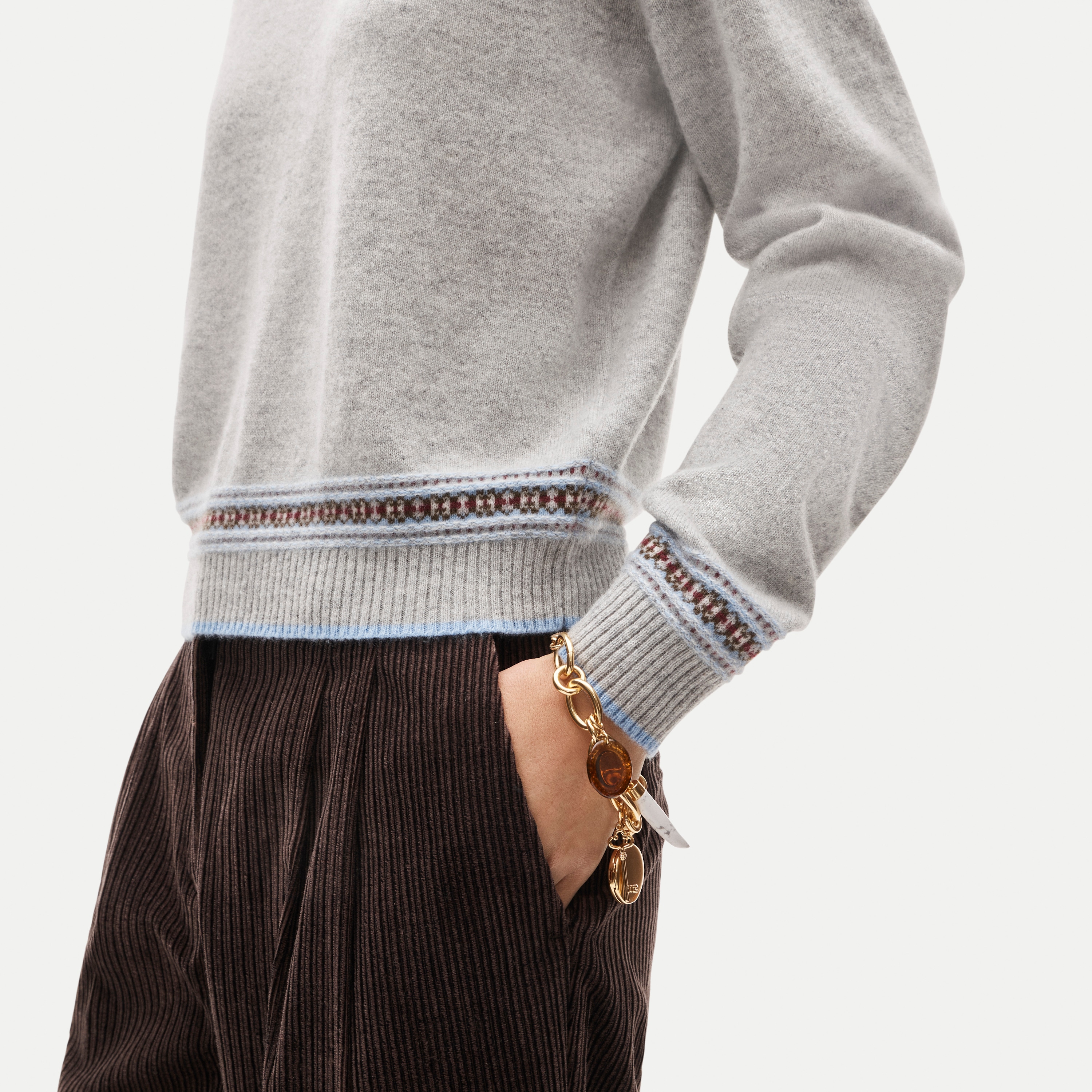 Perfect cashmere crewneck with Fair Isle trim