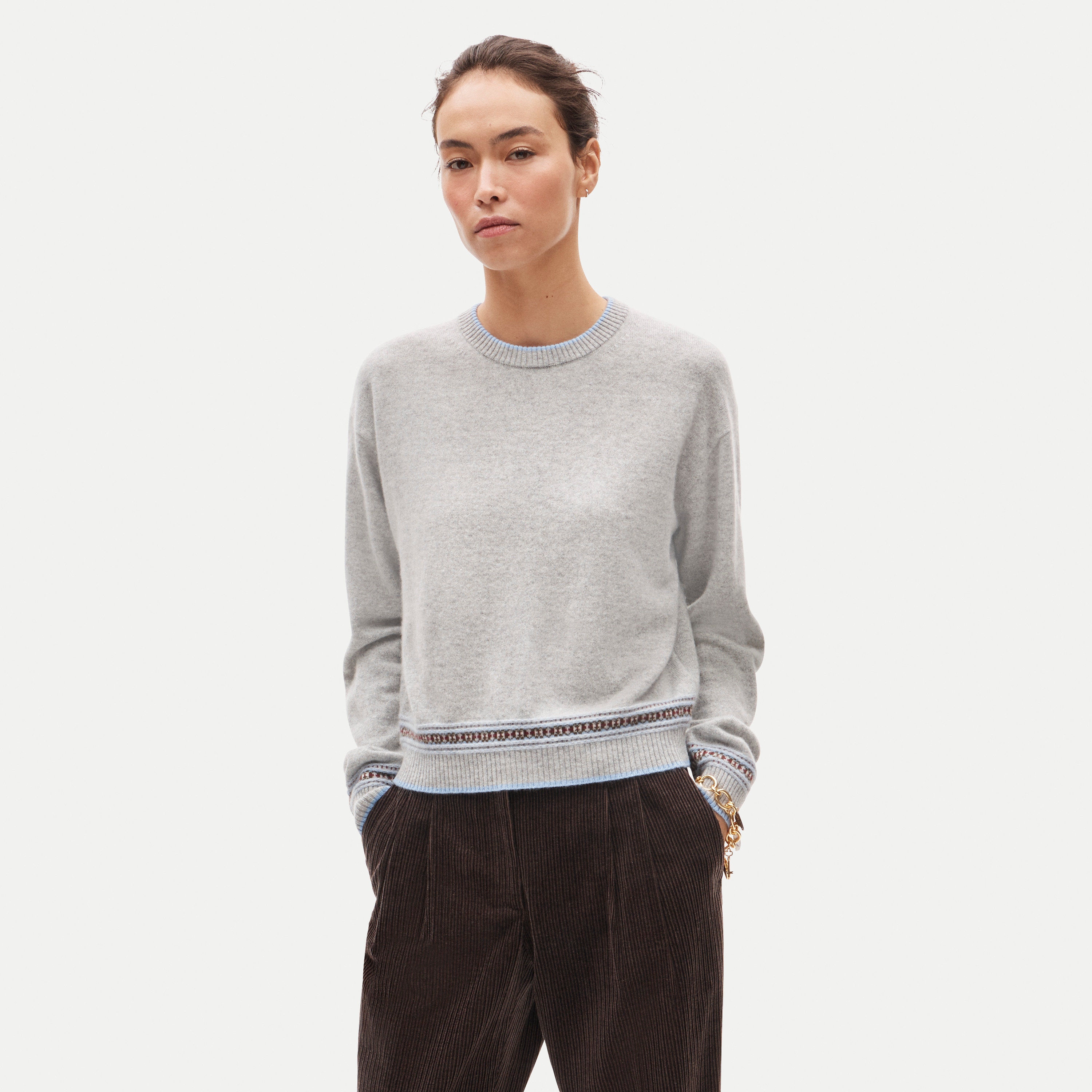 Perfect cashmere crewneck with Fair Isle trim