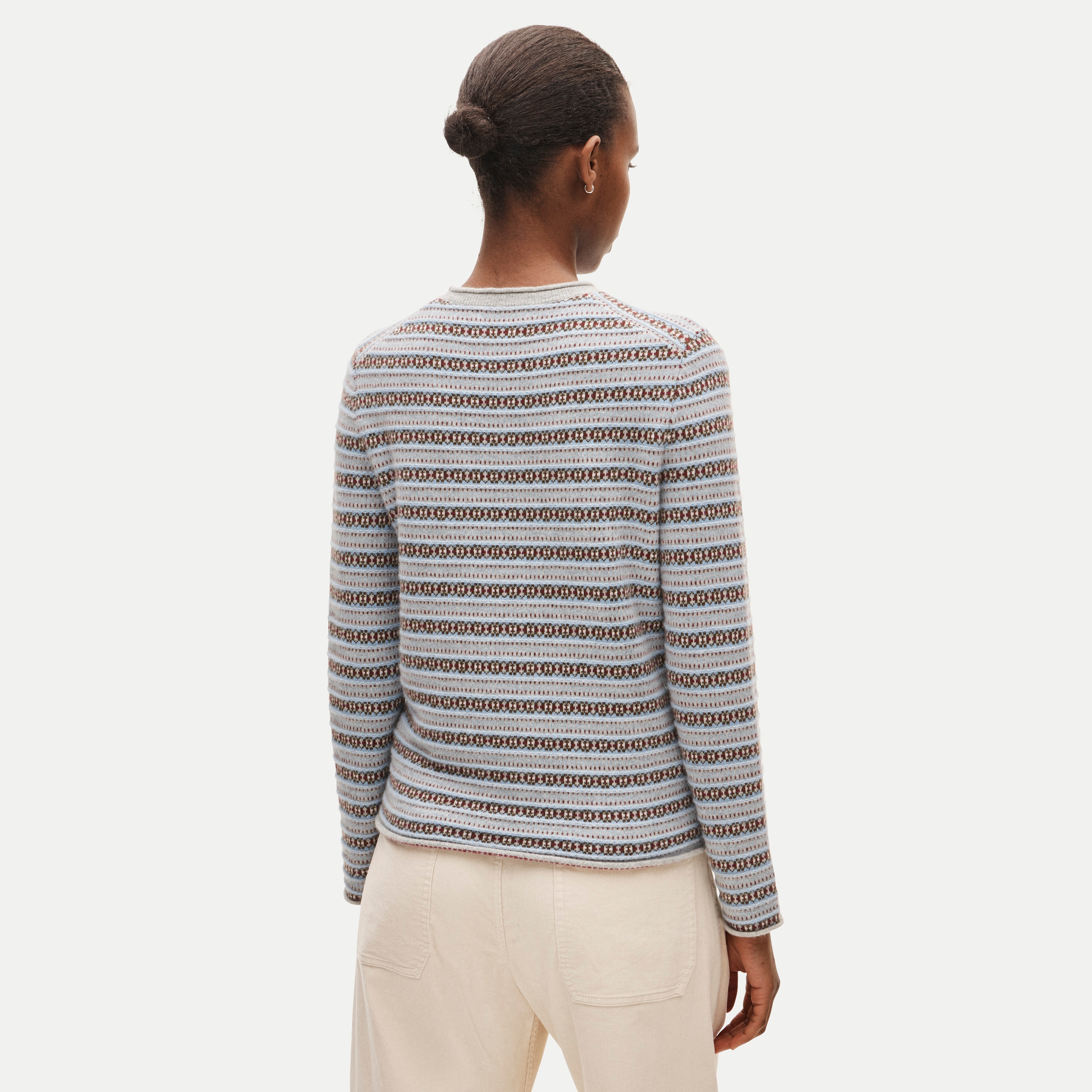 Rolled cashmere long-sleeve sweater in Fair Isle