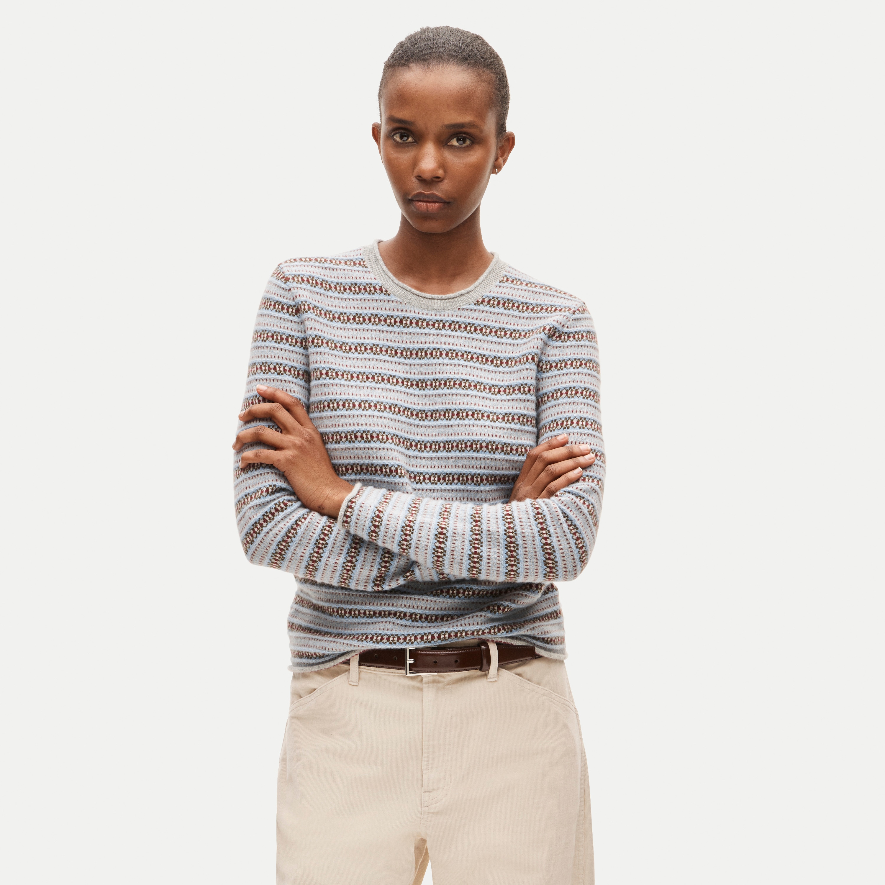 Rolled cashmere long-sleeve sweater in Fair Isle