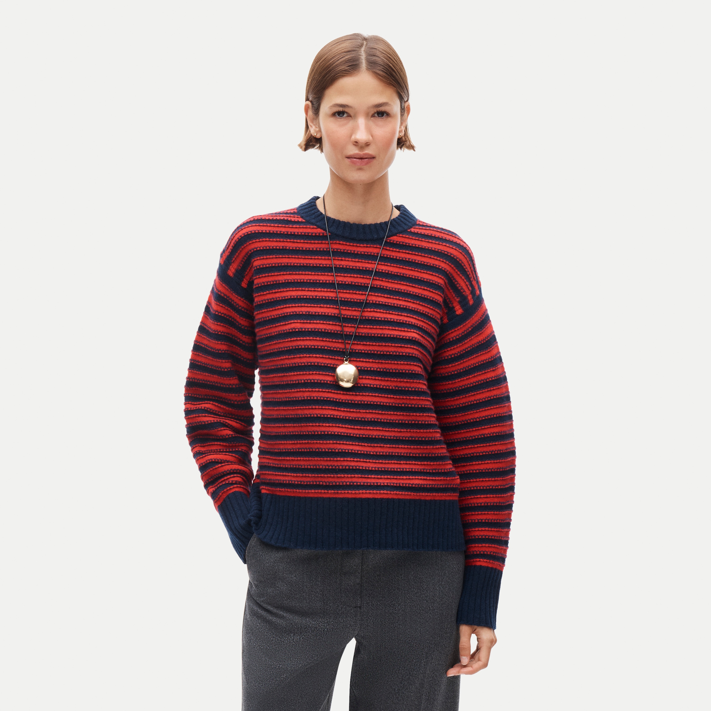Oversized cashmere crewneck sweater in textured stripe