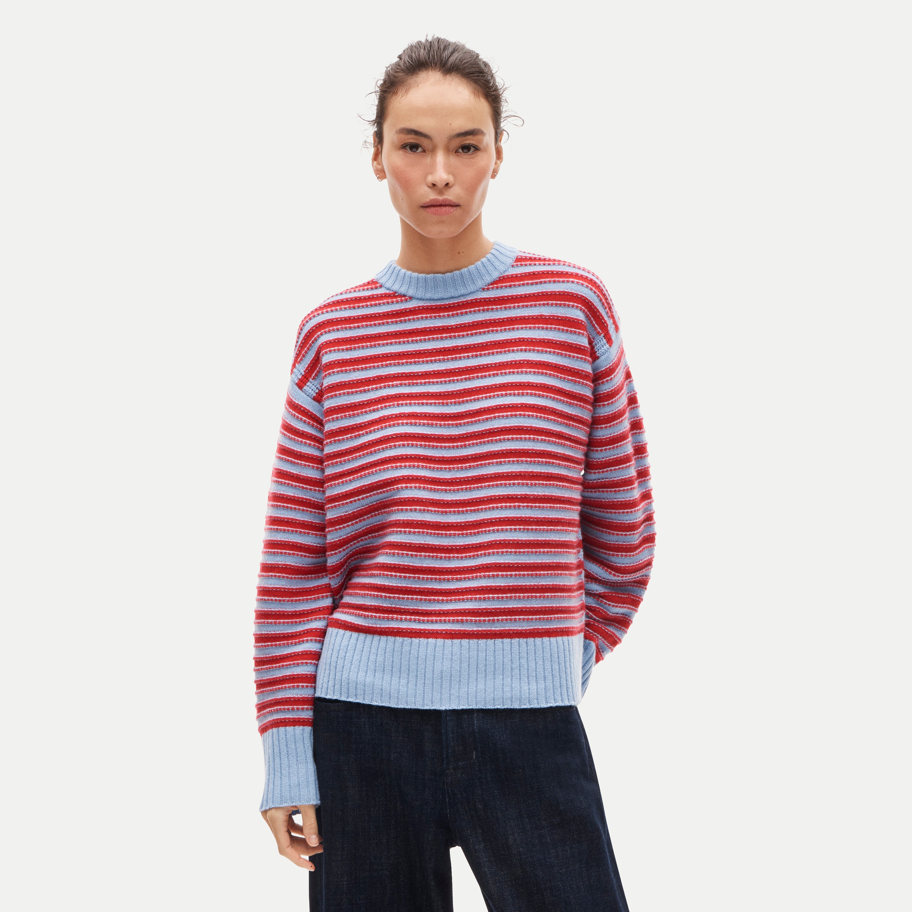 Oversized cashmere crewneck sweater in textured stripe