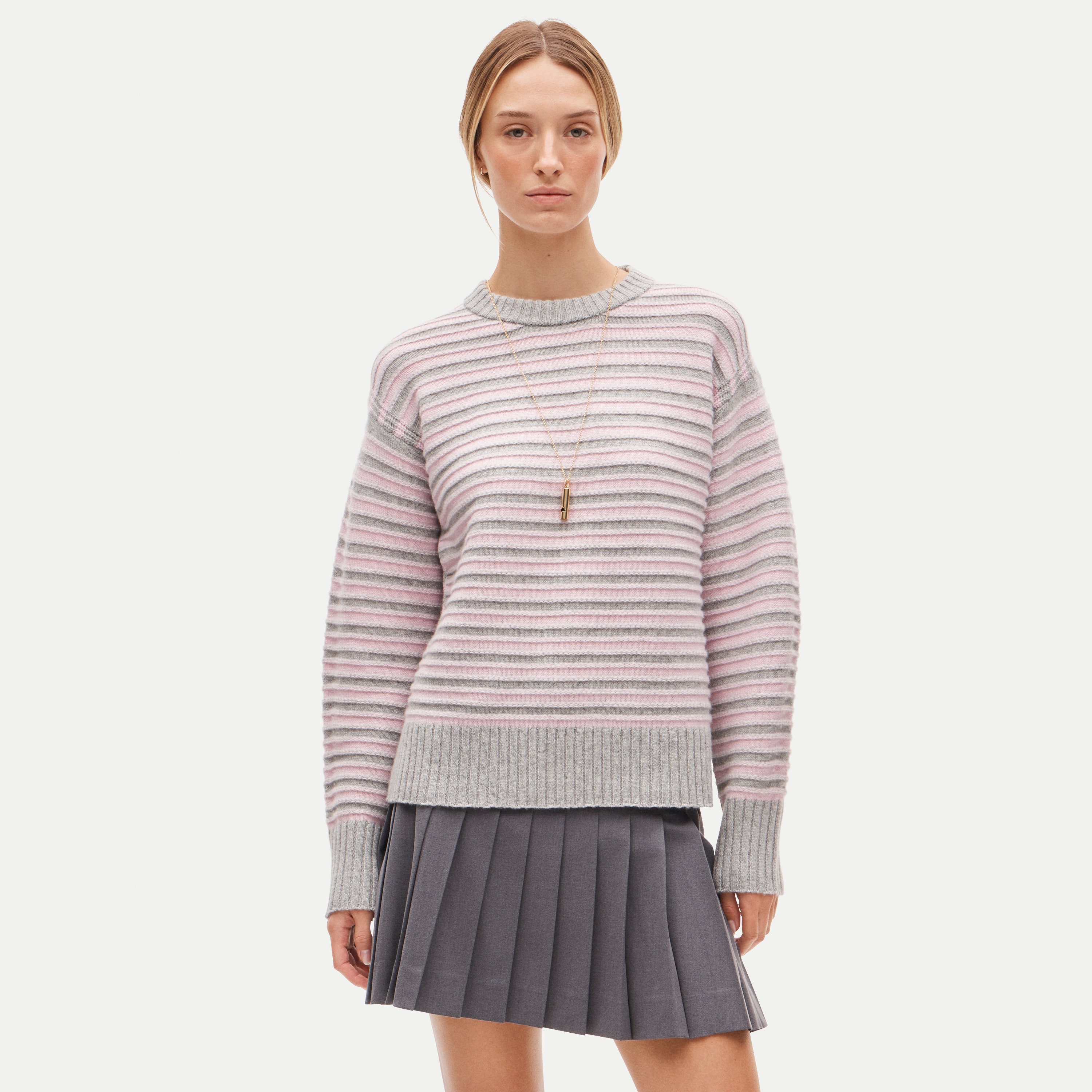 Oversized cashmere crewneck sweater in textured stripe