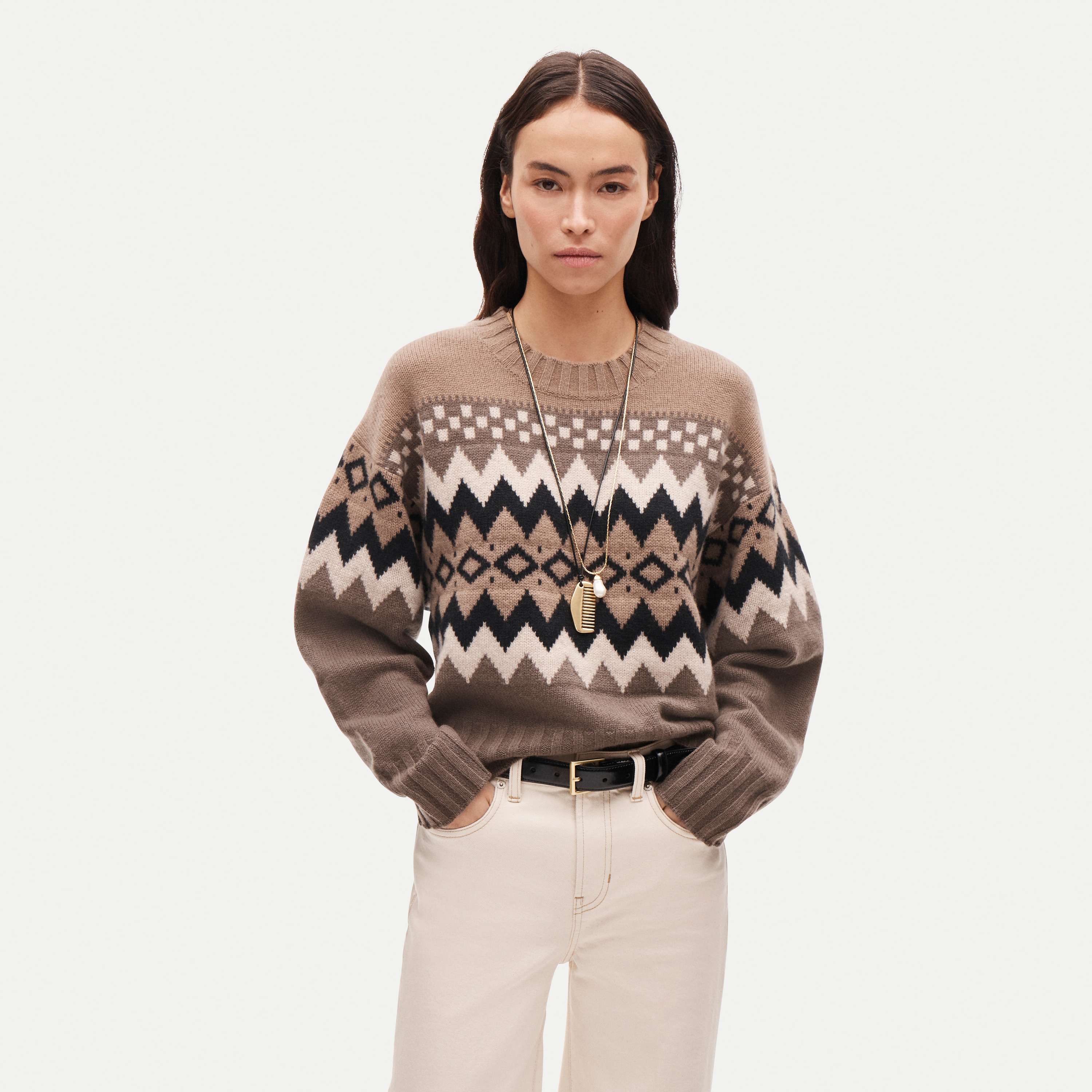 Relaxed cashmere crewneck in geometric Fair Isle