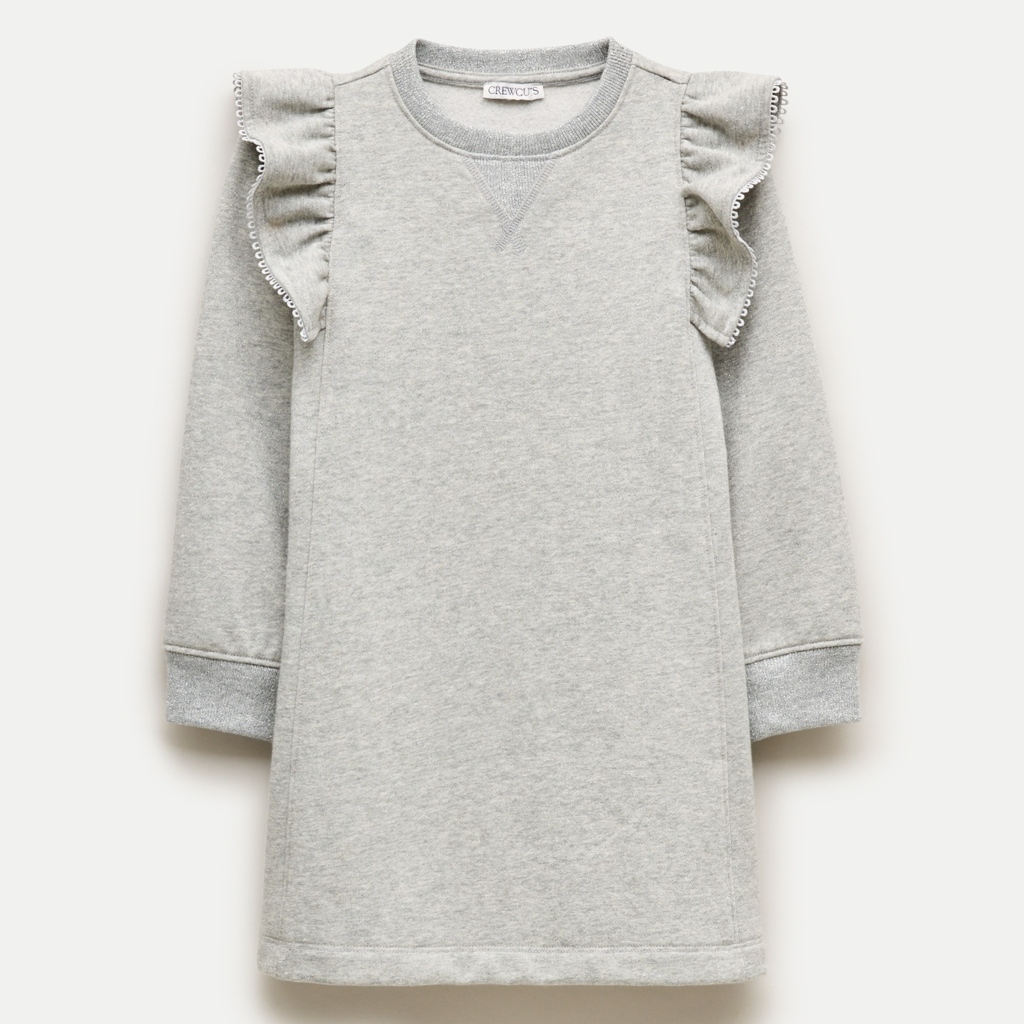 Girls' ruffle-shoulder sweatshirt-dress in metallic terry