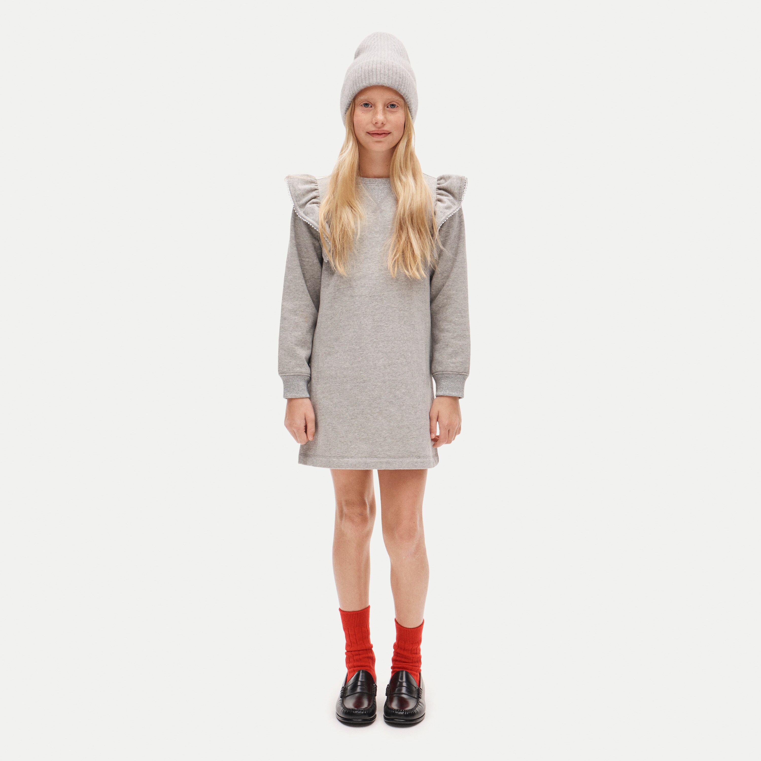 Girls' ruffle-shoulder sweatshirt-dress in metallic terry