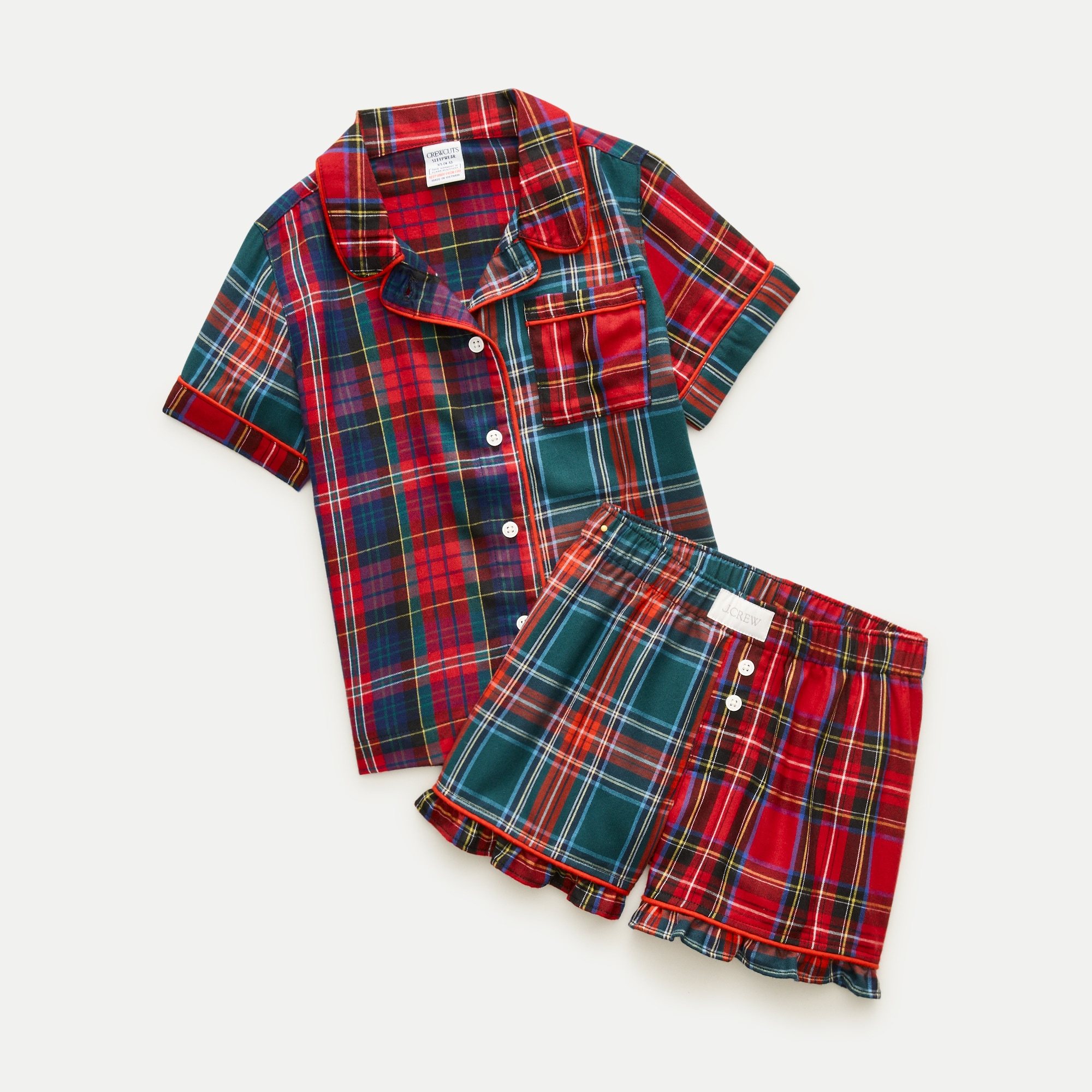 Girls' flannel short-sleeve pajama set in mixed plaid