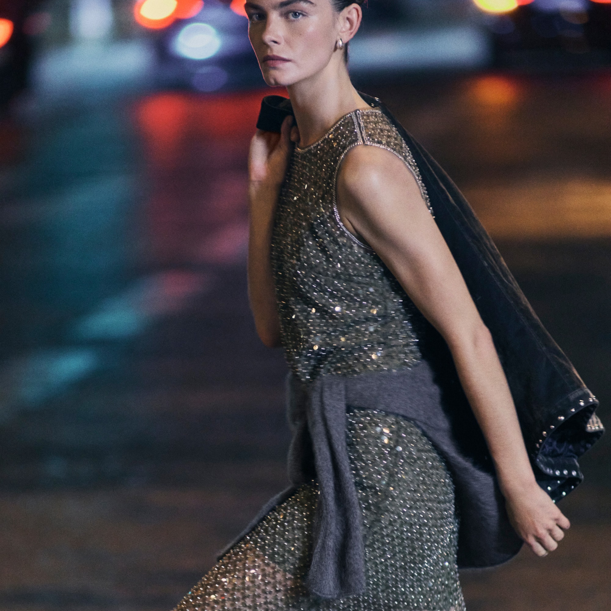 Column slip dress in sequin tulle