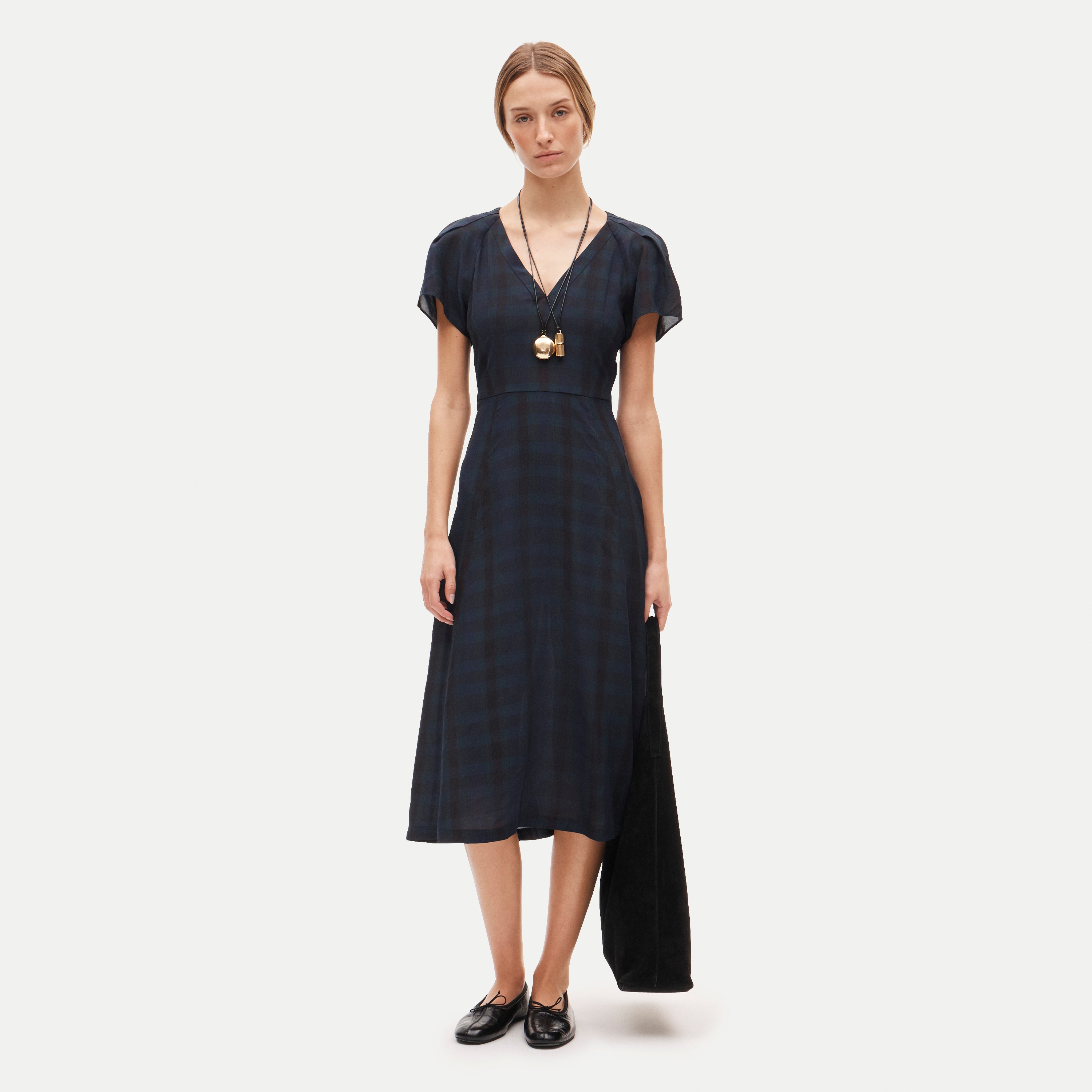 Tie-back midi dress in tartan jacquard