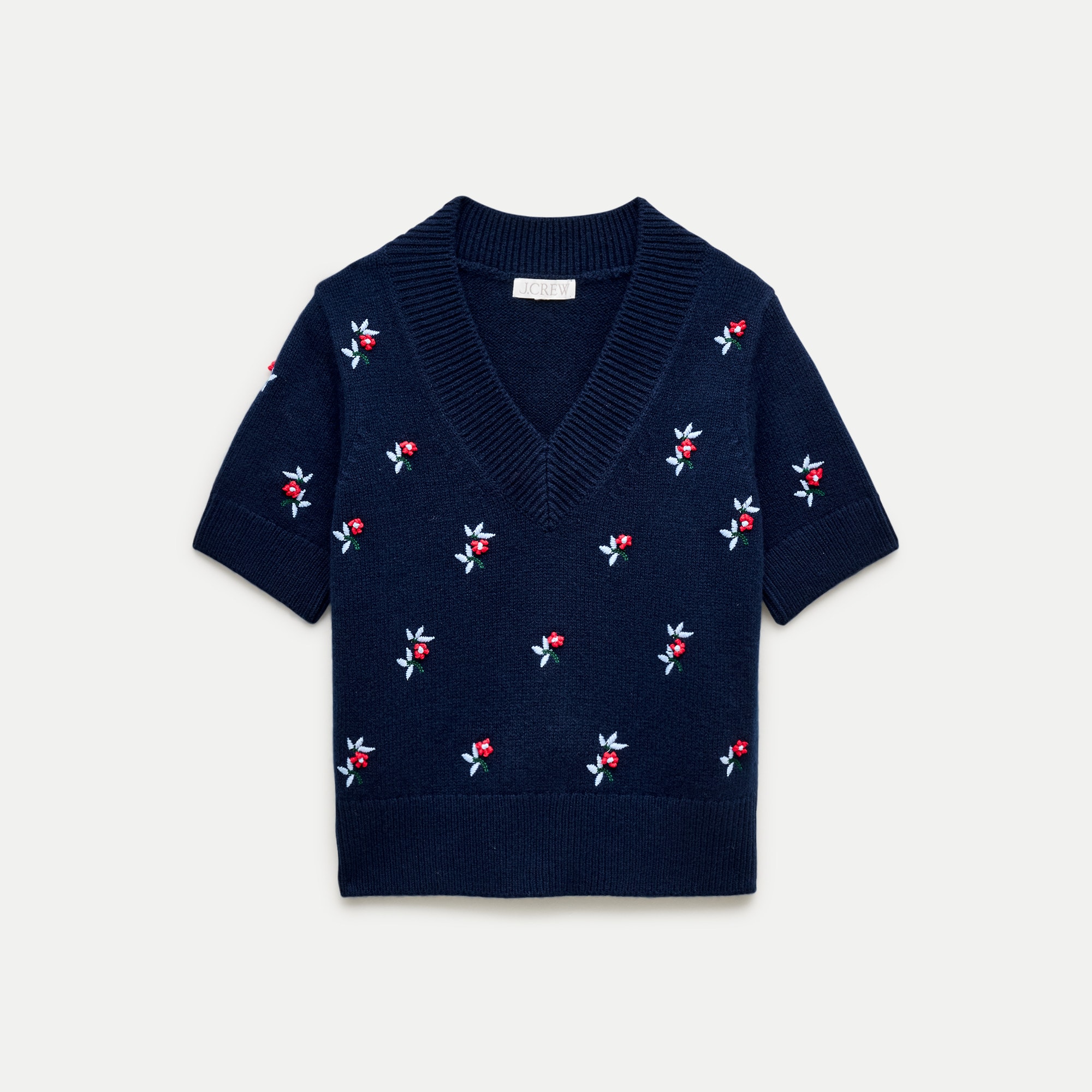 Short-sleeve V-neck sweater in vintage wool with floral embroidery