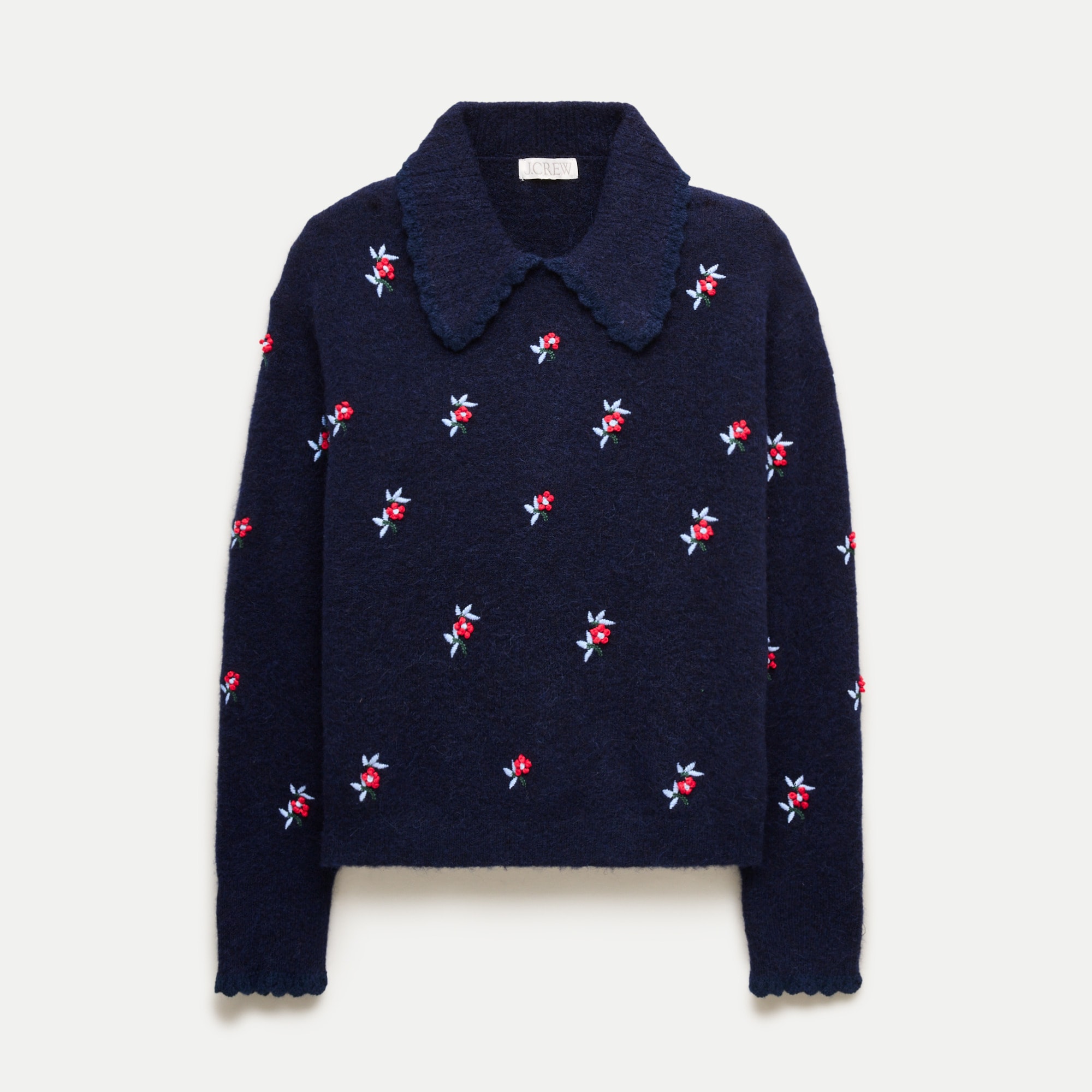 Tipped-collar sweater in alpaca blend with floral embroidery